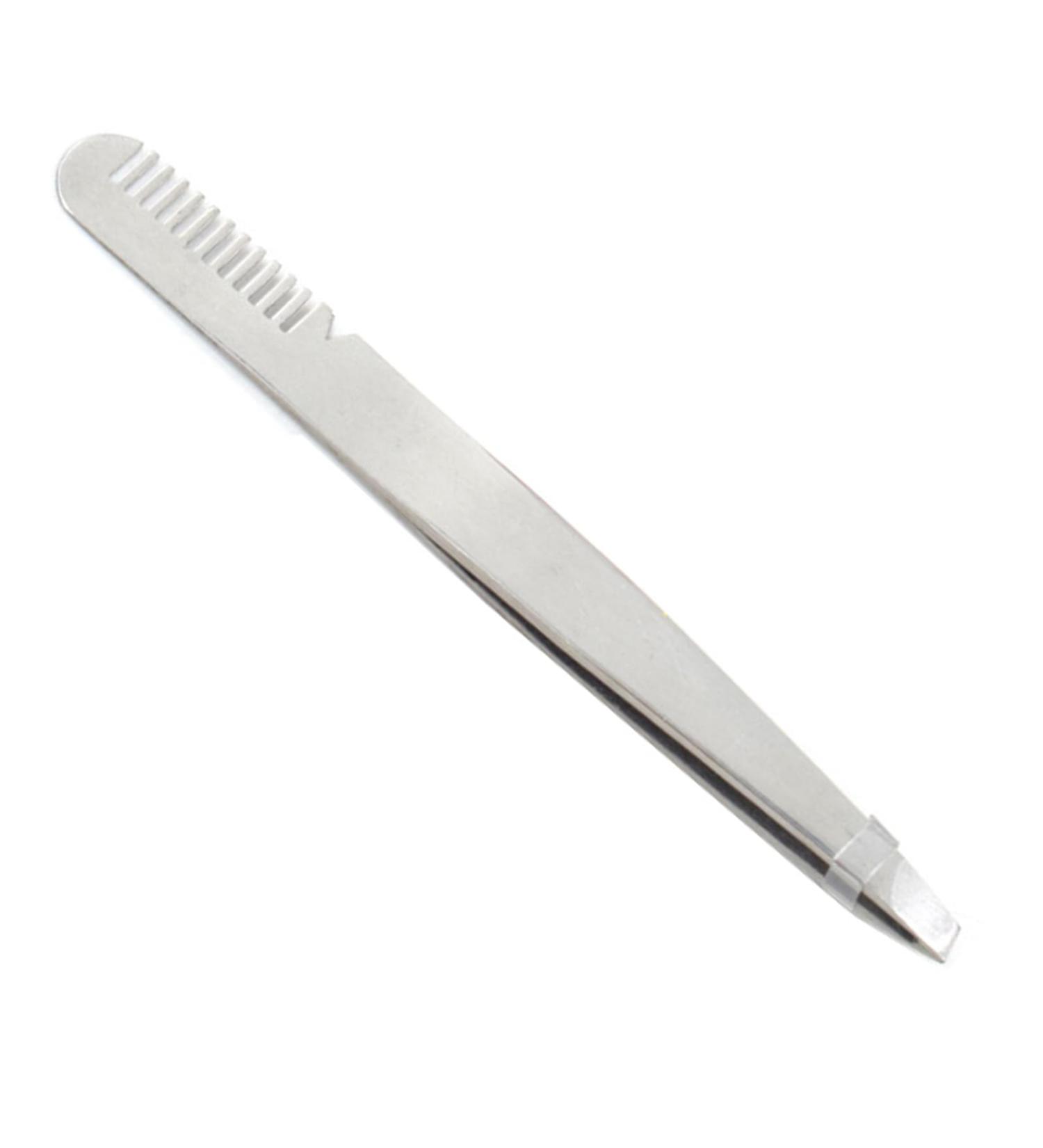 Eyebrow Tweezers with Slant Tip - Portable & Safe Smooth Comb - Silver | International Shipping - Buy Online on SooperMarket.com