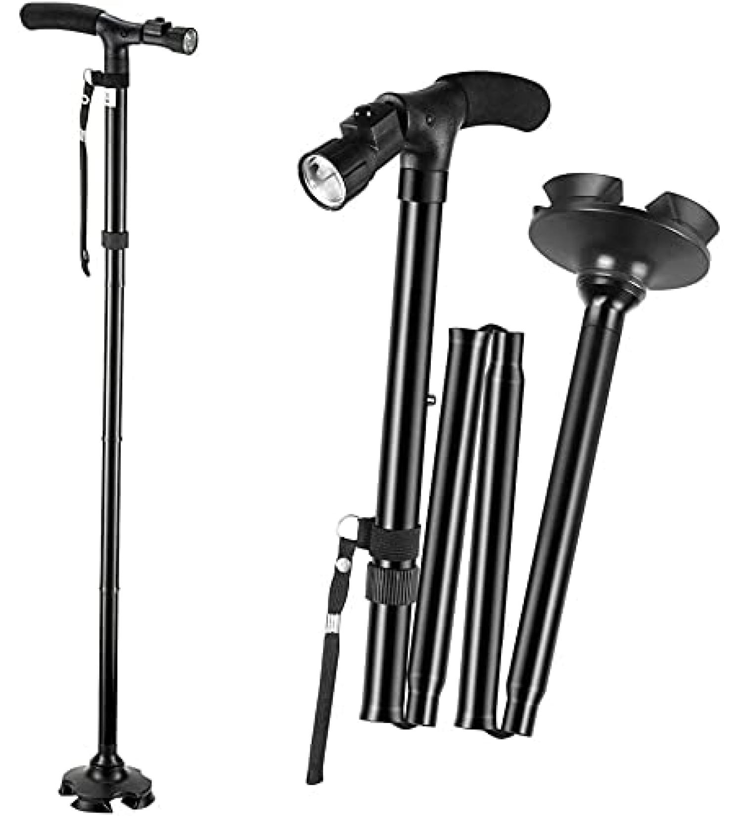 Led Light +Foldable Safety Walking Stick Folding Adjustable Aluminium Pole Cane Black - Buy Online on SooperMarket.com