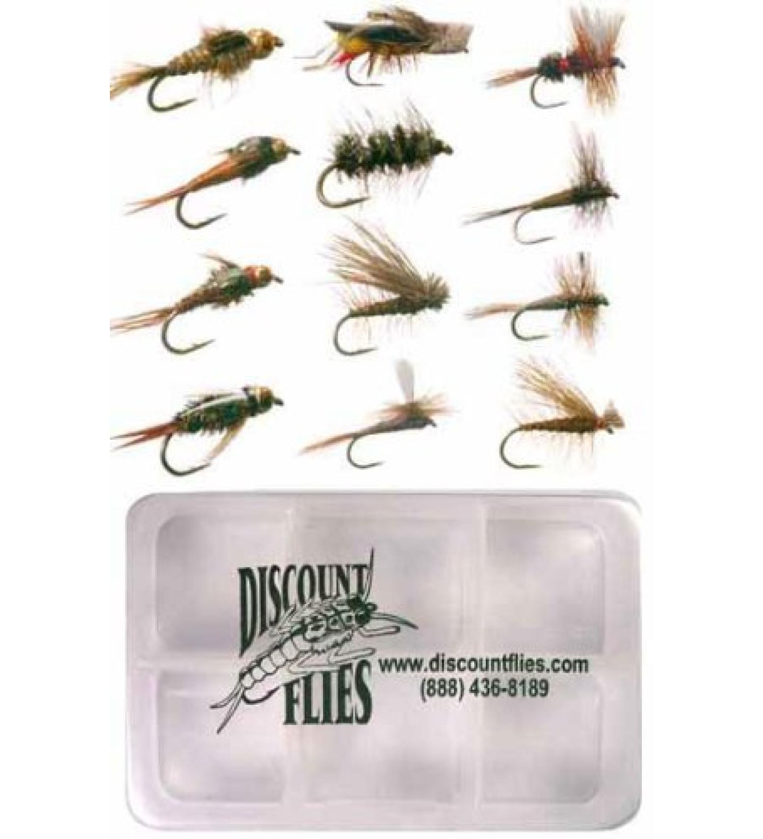 DiscountFlies Terrestrial Dry Fly Fishing Kit w/ Fly Box - 12 Realistic Trout Flies for Effective Fishing - Buy Online on SooperMarket.com