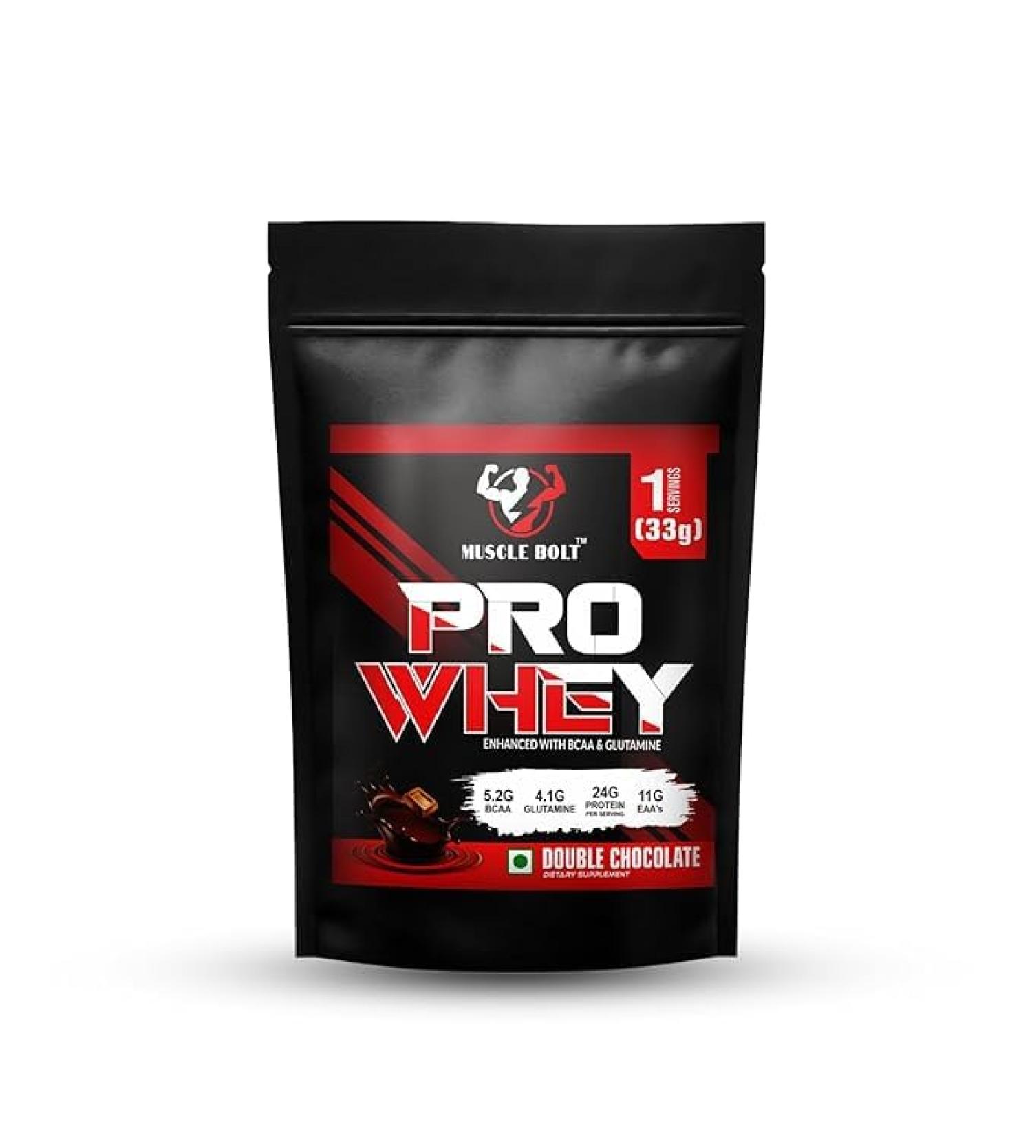 MUSCLEBOLT 33 Gram Pro Whey Protein | Muscle Growth 5.2g BCAA 24g Protein | Muscle Recovery | Easy Digestion | 4.1g Glutamine for Increase strength & performance (Double Chocolate) - Buy Online on SooperMarket.com