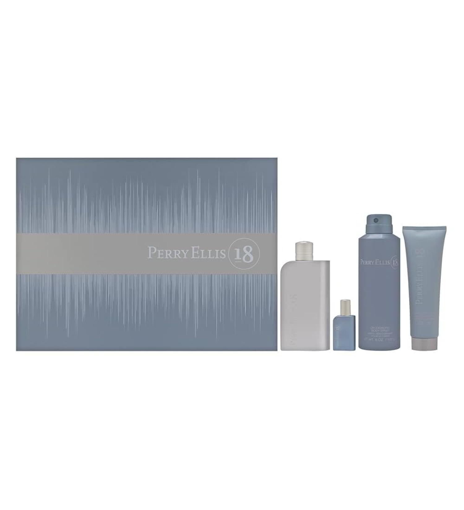 Perry Ellis 18 for Men 4 Piece Set Includes: 3.4 oz Eau de Toilette Spray + Deodorizing Body Spray + 3.0 oz Hair & Body Wash + 0.25 oz Eau de Toilette Spray