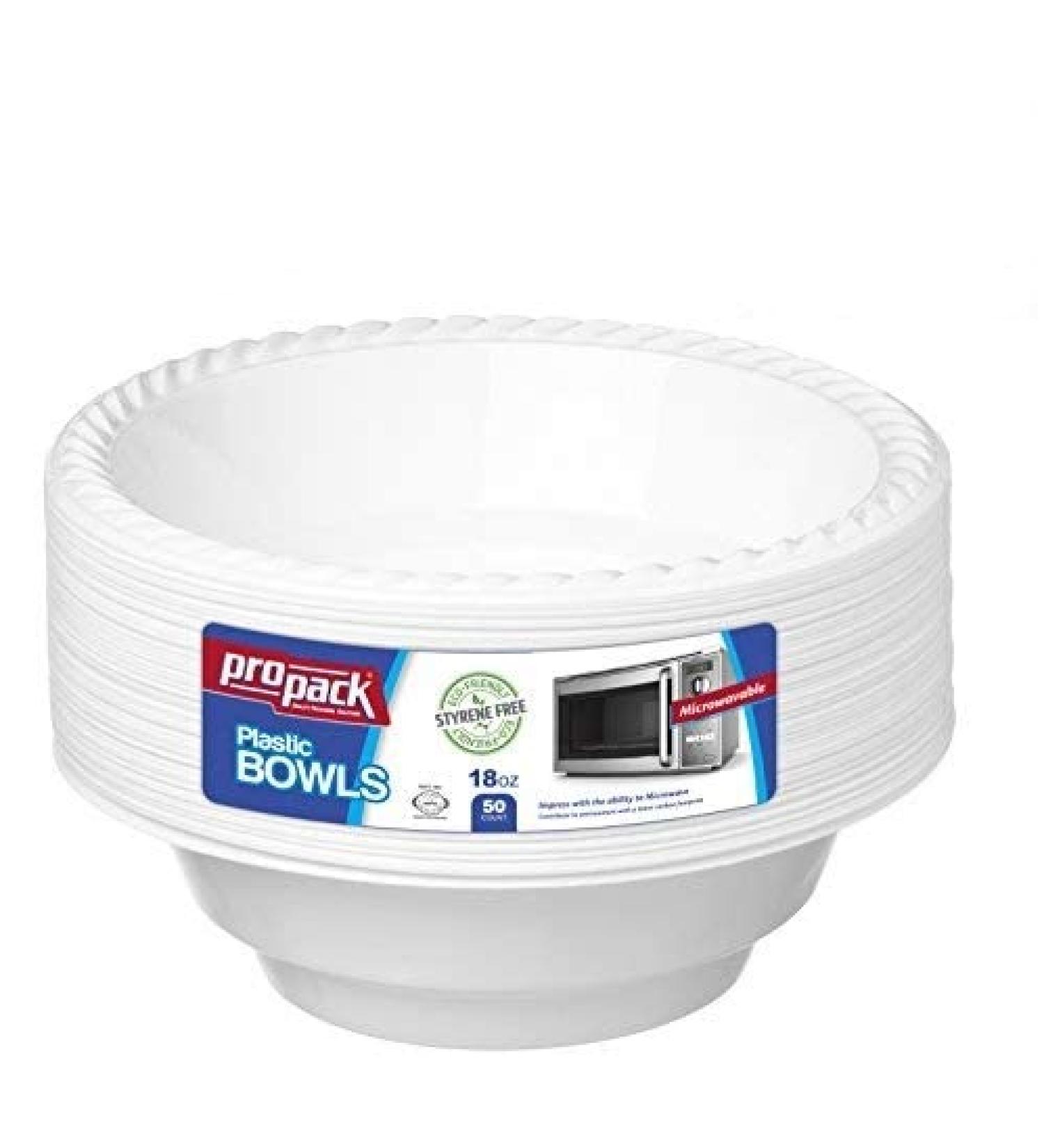 ProPack 1 50 Count Disposable Plastic 18 oz Heavy Weight Bowls - Ideal for Weddings, Parties, Office, School, Outdoor Events - White, Convenient for Take-out and Fast Food - Durable and Versatile (50 Bowls) - Buy Online on SooperMarket.com