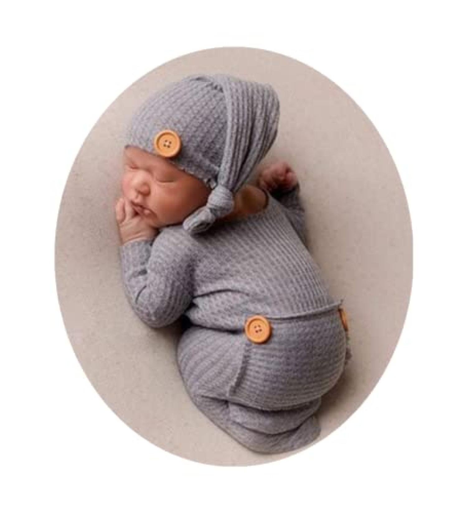Newborn Baby Photo Shoot Props Crochet Outfit Set - Gray Long Tail Hat and Pants | Photography Accessories for Boys and Girls - Buy Online on SooperMarket.com