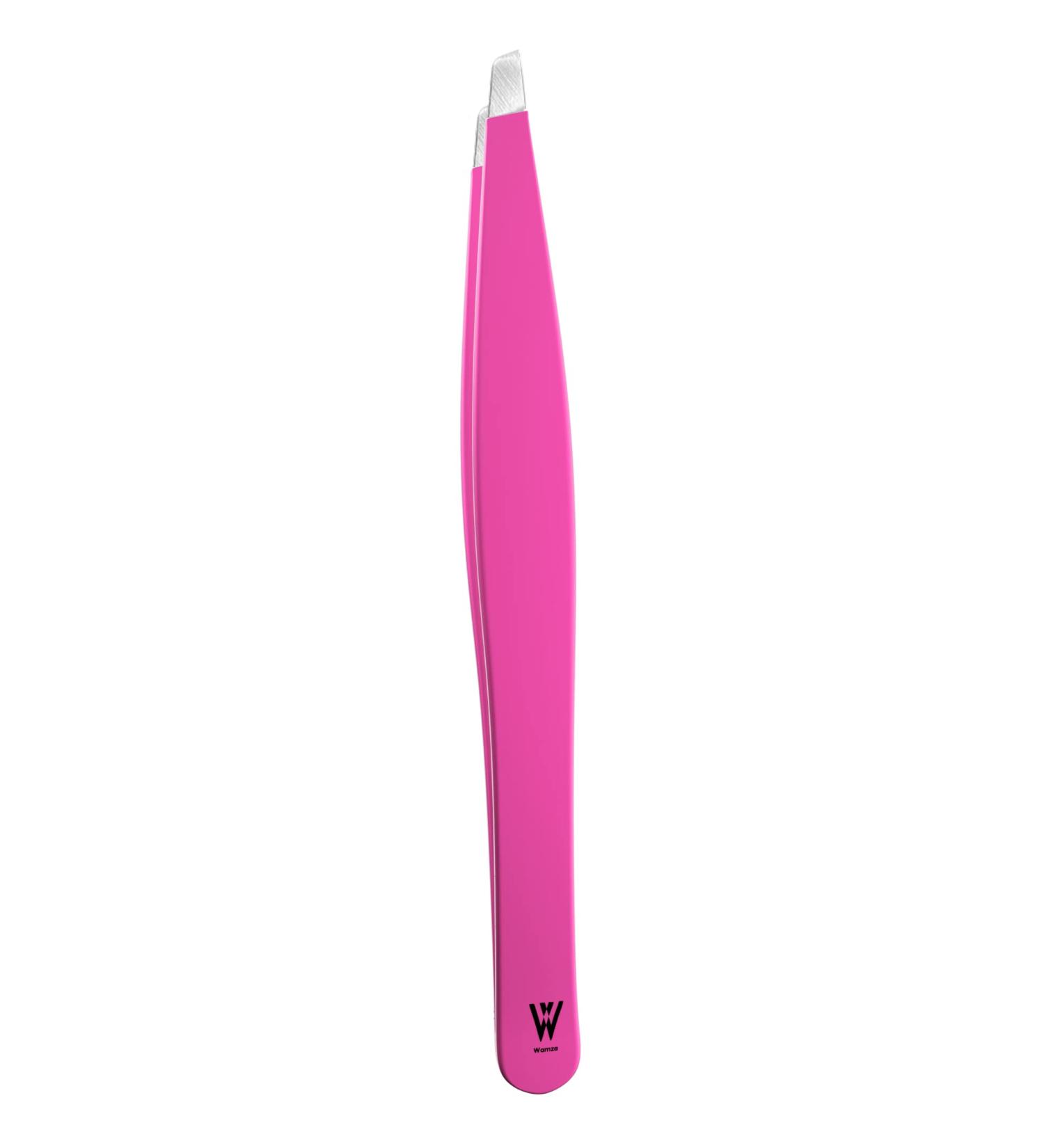 Wamza Tweezers for Facial Hair Women & Men - Pack of 1 -Slanted Eyebrow Tweezers Professional- Stainless Steel Precision Eyebrow Hair Pluckers/Tweezers for Women - for Chin & Fine Hair (Pink)