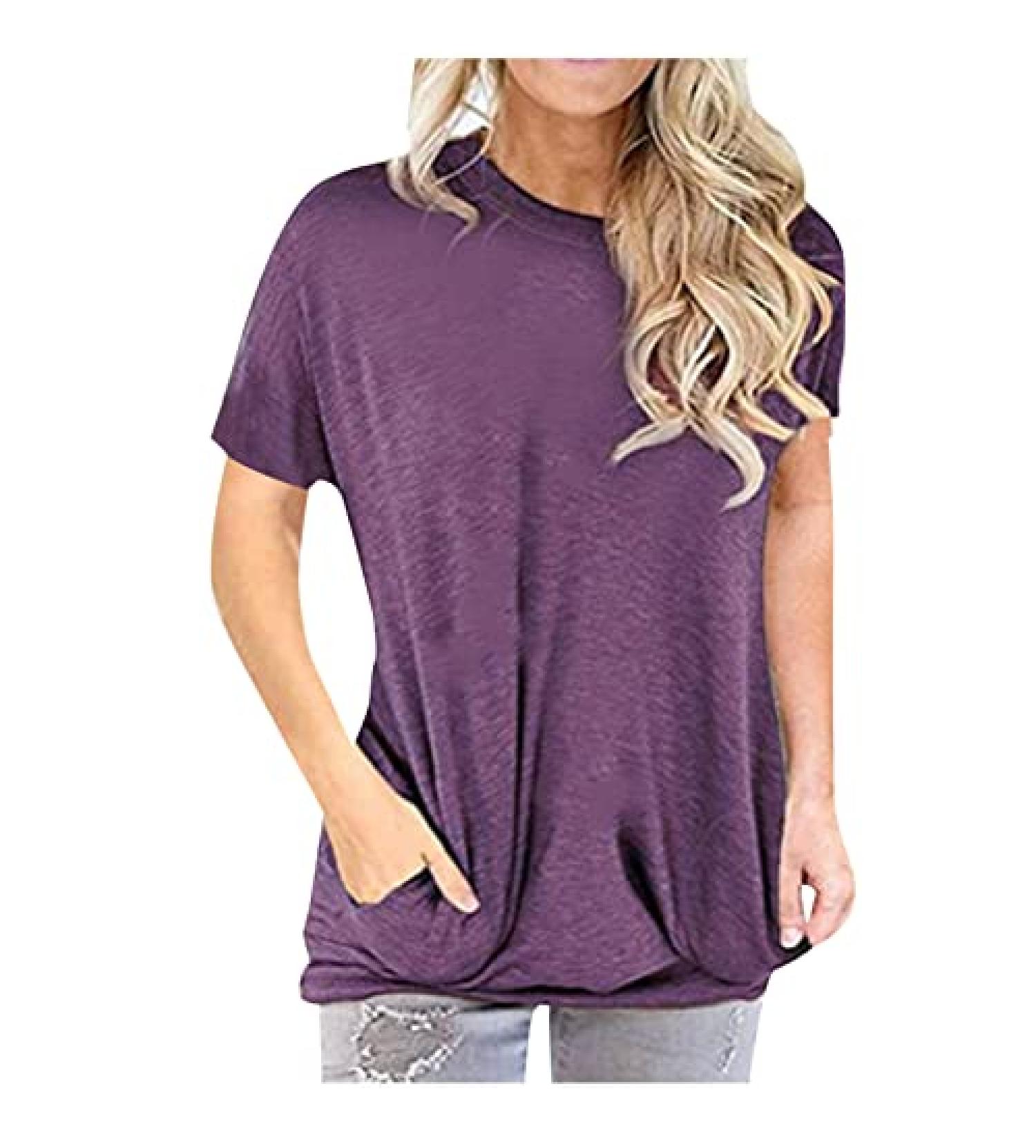 Women's Short Sleeve Loose Fit T-Shirt with Pocket - XX-Large Purple - Buy Online on SooperMarket.com
