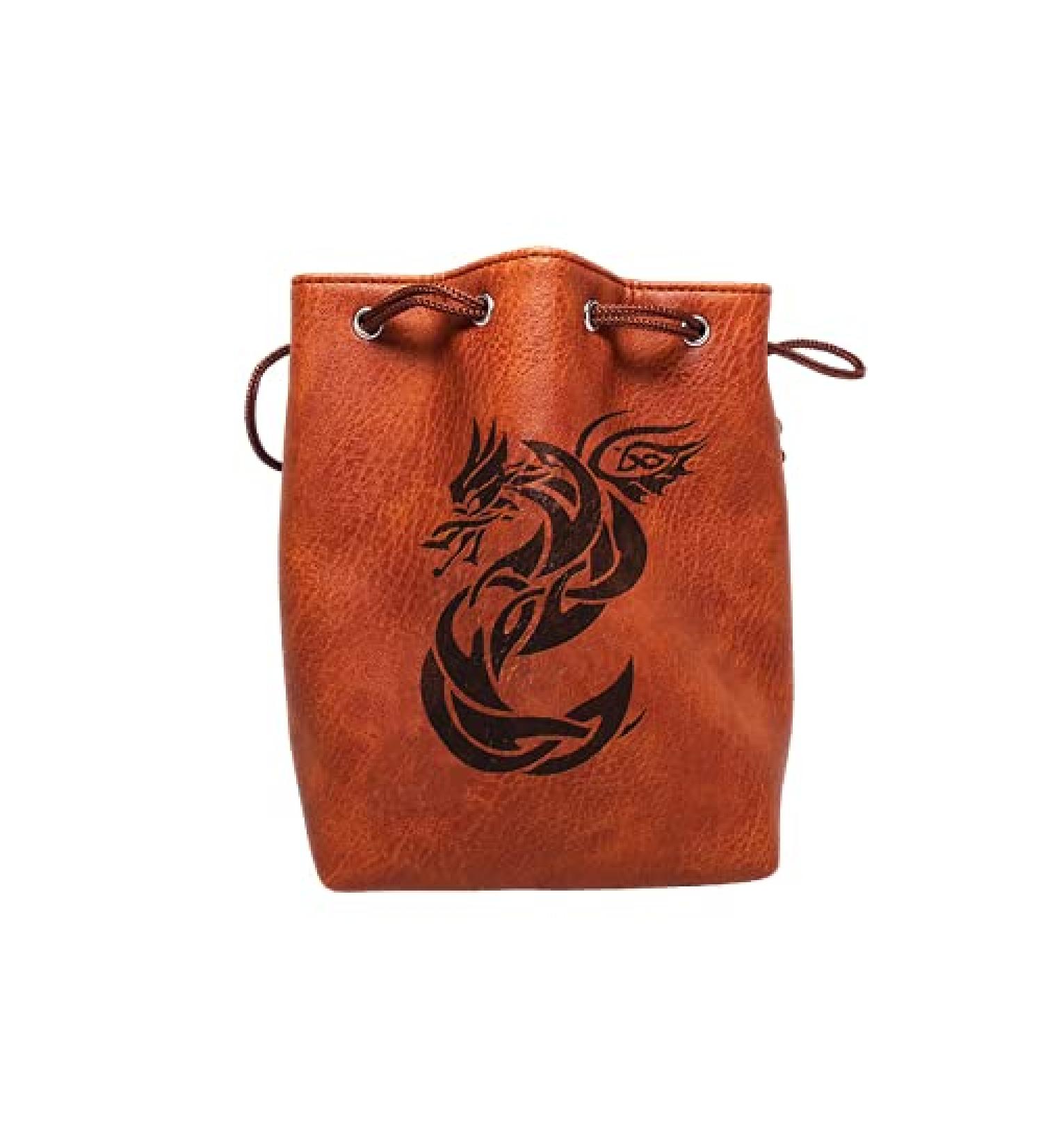 Large Brown Leather Lite Dice Bag  Self Standing and Holds Over 400 Polyhedral Dice with Drawstring Tie  Multiple Designs Available (Celtic Knot Dragon)