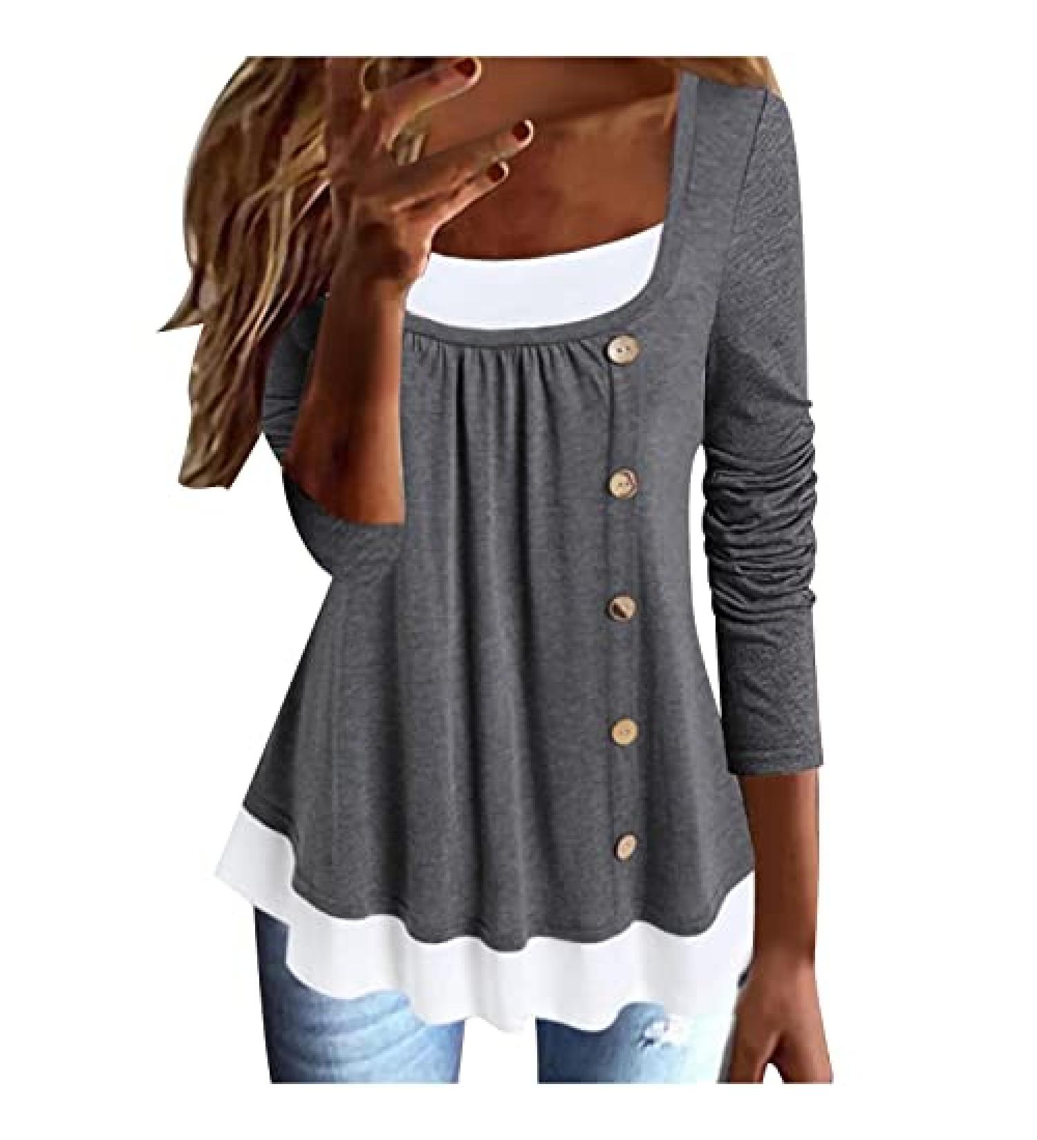 Women's Long Sleeve Color Block Fake Two Shirt - Gray Medium | Crew Neck Henley Button Up Blouse - Buy Online on SooperMarket.com