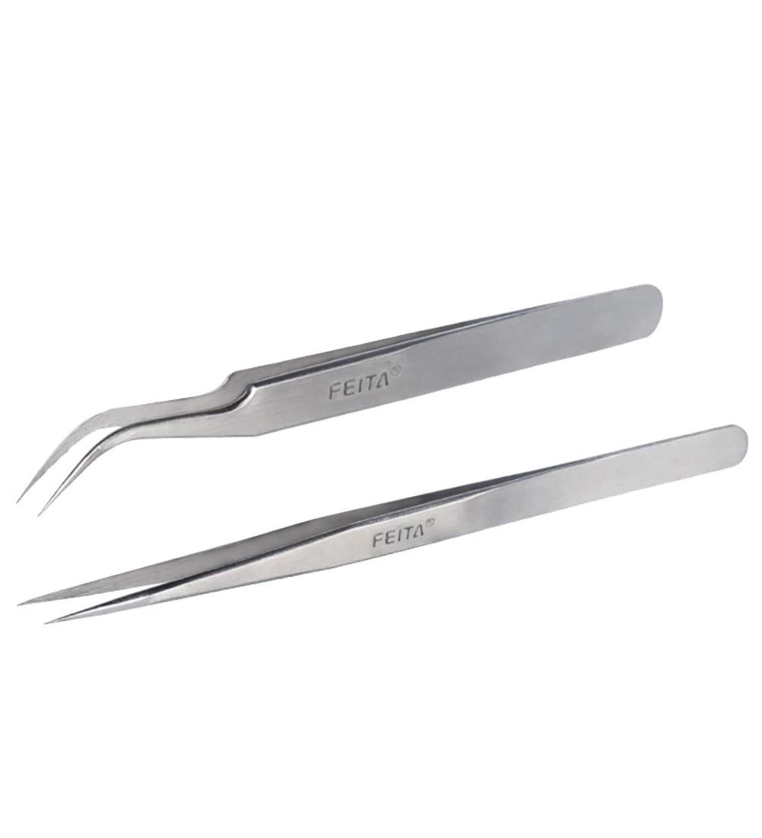 FEITA Pro Eyelash Extension Tweezer Set - Straight & Curved Pointy Precision Fine Tip Tweezers - Silver (2Pcs) - Buy Online on SooperMarket.com