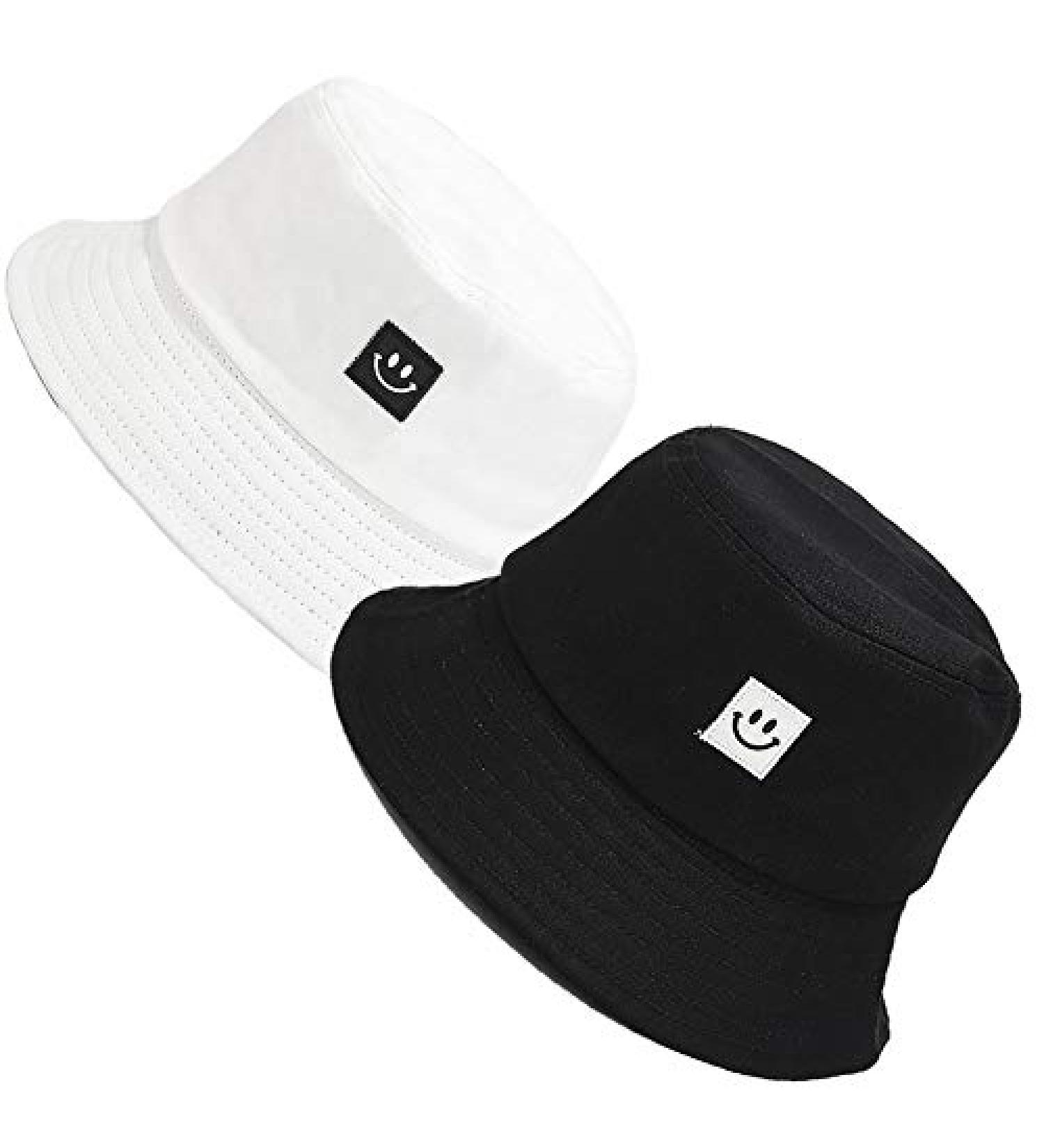 MaxNova Reversible Bucket Hats 2 Pack - Women's Sun Beach Hat with Flower Embroidery - White/Black Smiley Face Design - Buy Online on SooperMarket.com