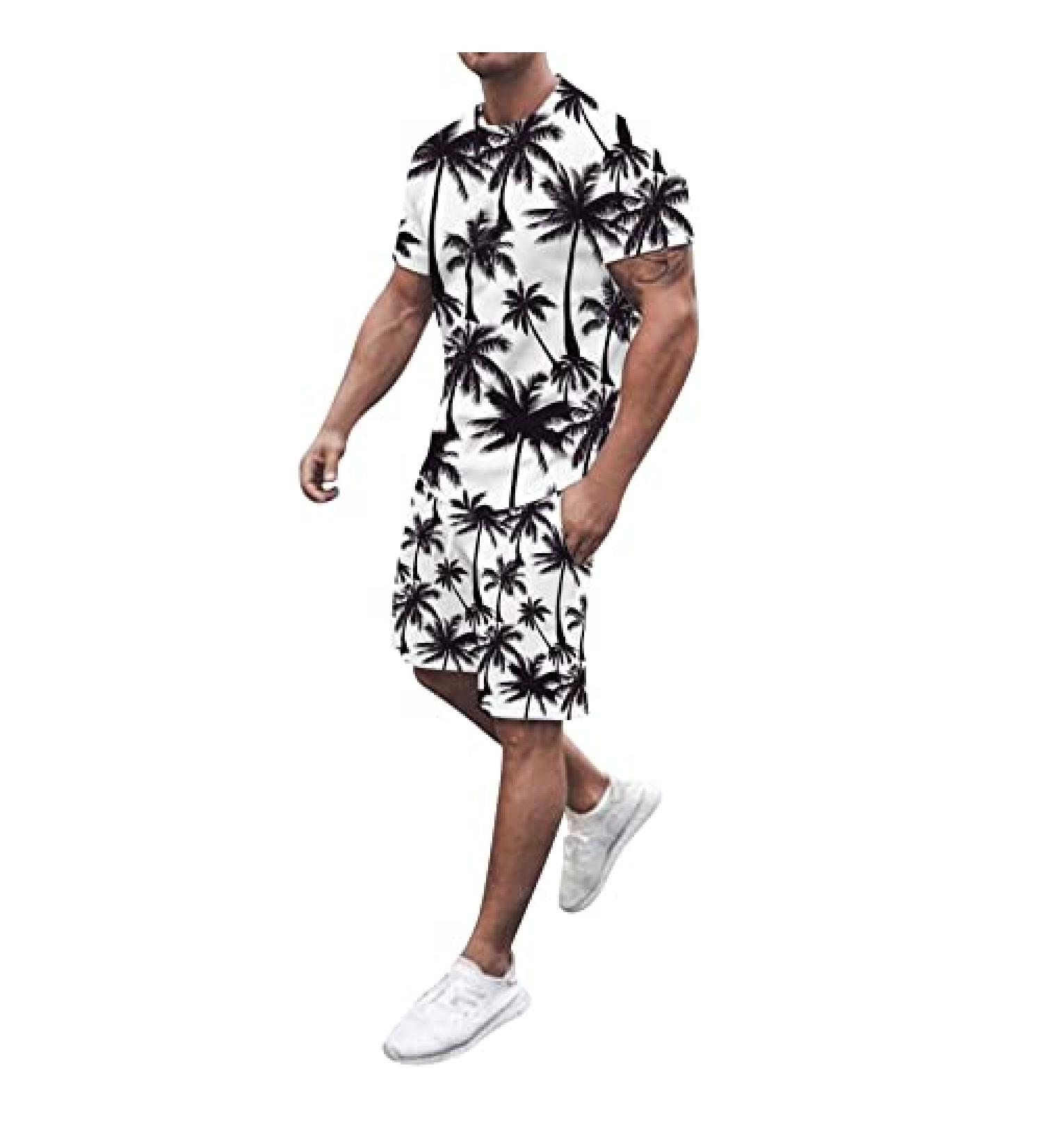 Men's 2-Piece Summer Outfit Set | Beach Shorts & Printed Shirt | White-8 Large - Buy Online on SooperMarket.com