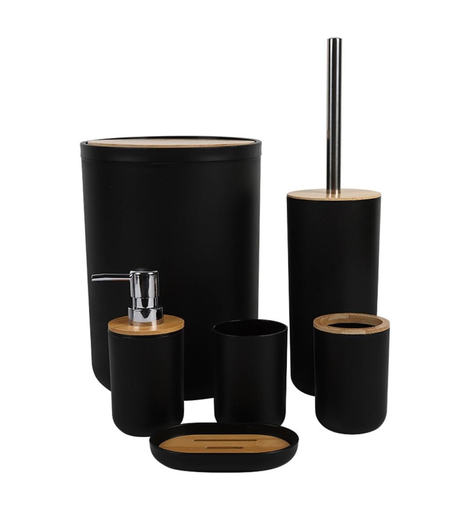 Six-Piece Black Bathroom Storage Kit | Trash Can Soap Dish & Toothbrush Holder | Stylish & Functional Toiletries Organizer - Buy Online on SooperMarket.com