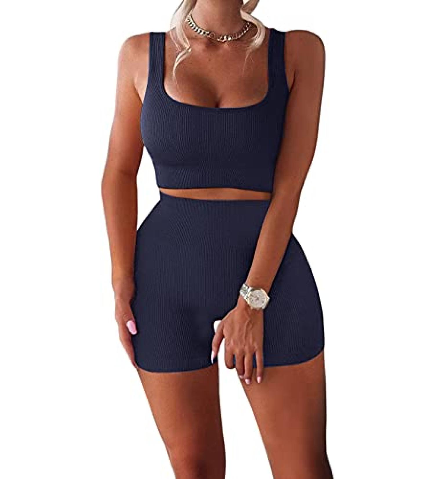TWFRHC Women's Ribbed Tank Seamless 2-Piece Workout Set | High Waist Gym Outfit Yoga Shorts | Navy Blue, Large - Buy Online on SooperMarket.com