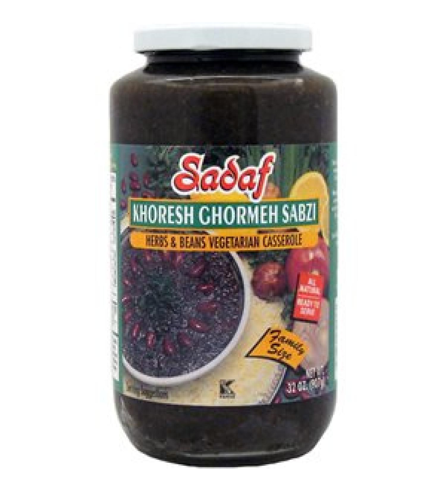 Sadaf Khoresh Ghormeh Sabzi - Ready to eat Khoresh sabzi with spices, herbs and beans - Persian food in a jar - Iranian food Qormeh sabzi mix - Herb & Bean Stew in Jar- 32 oz. Khoresh 32 Ounce
