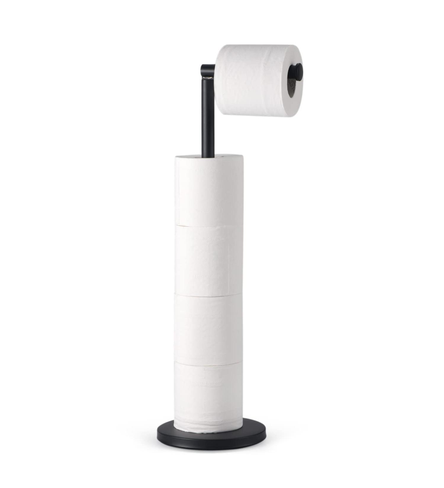 LAYUKI Free Standing Toilet Paper Holder in Matte Black Stainless Steel - Rustproof Bathroom Tissue Roll Stand - Buy Online on SooperMarket.com