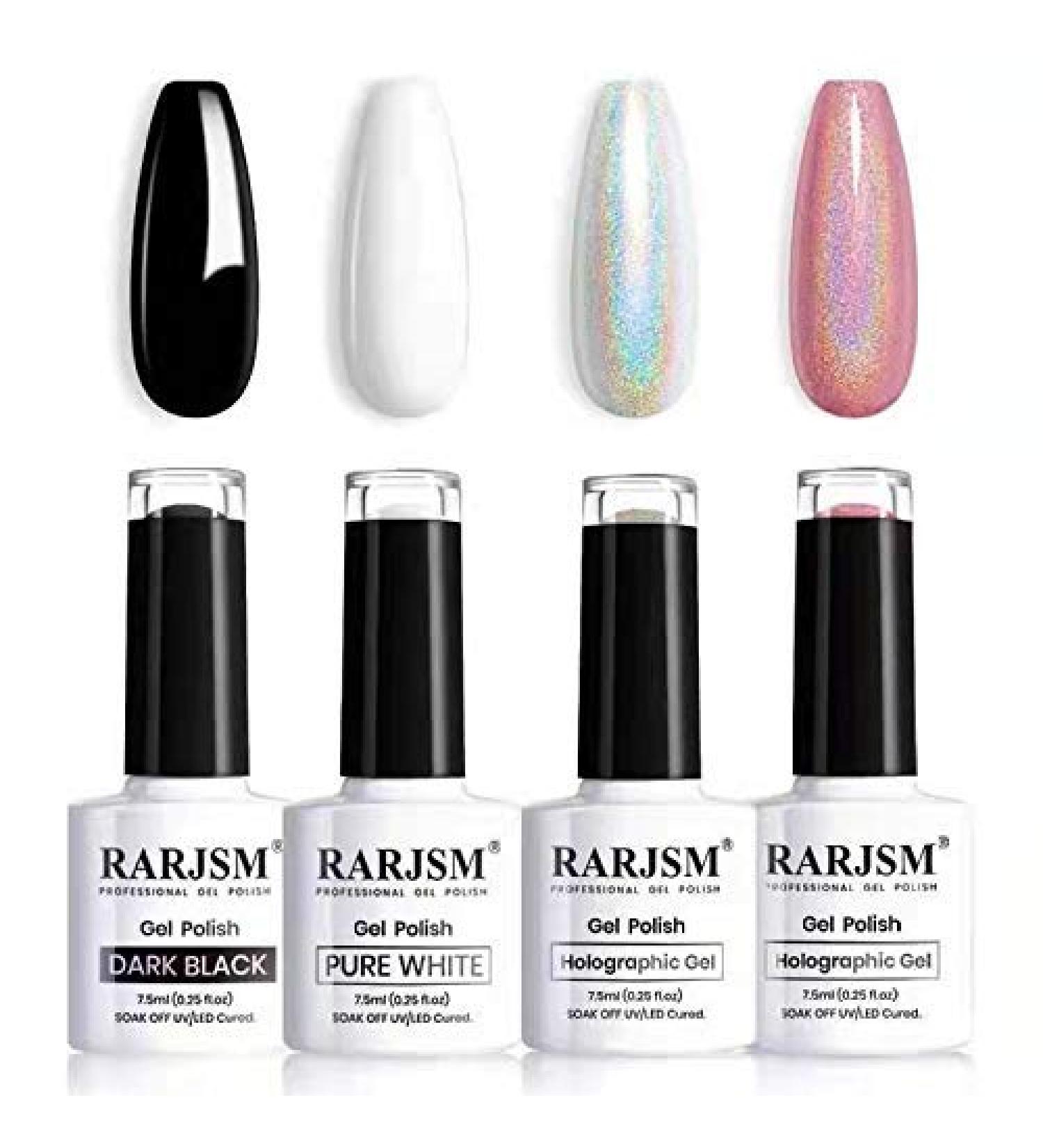 RARJSM Holographic Nail Polish Set - Black, White, Silver, Rose Gold Glitter Gel Polish - 4PCS 7.5ML UV LED Manicure Varnish Gift Set - Buy Online on SooperMarket.com