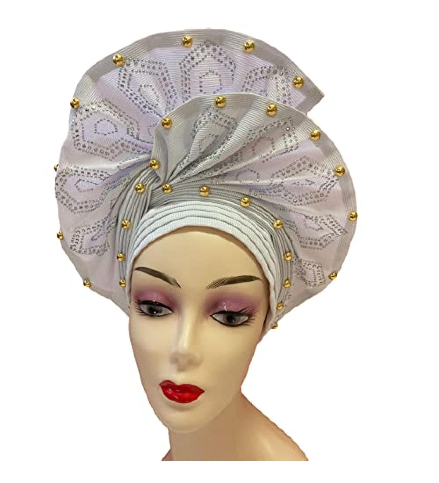 QliHut Luxury Nigerian Aso Oke Headtie - Ready-Made African Headwrap for Women | White Fabric Headband for Party and Events - Buy Online on SooperMarket.com
