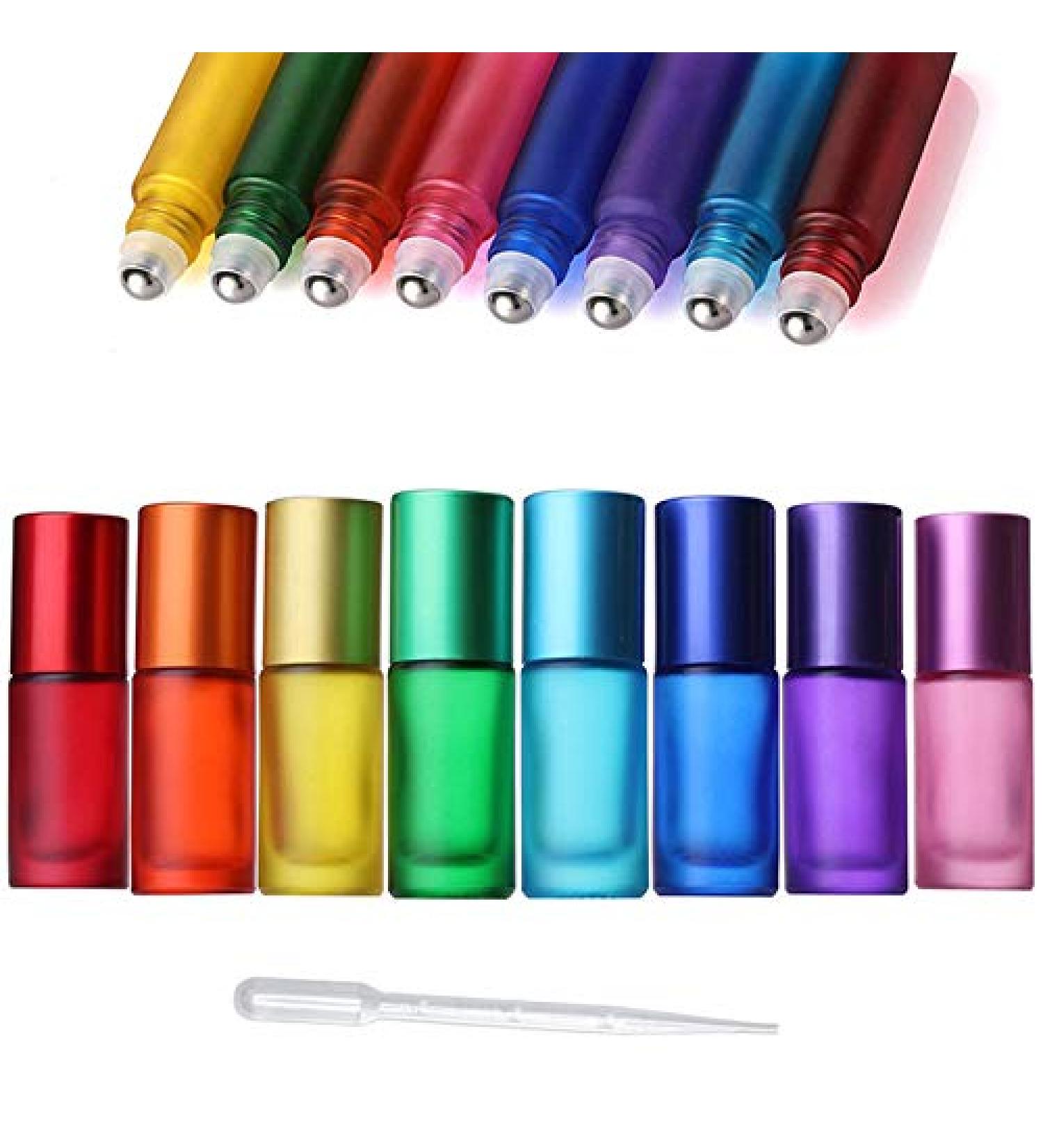 8pcs 5ml Colorful Frosted Roll on Bottles - Refillable Glass Roller Ball Containers for Essential Oils - Aromatherapy Massage Roller Bottles with Stainless Steel Ball + Bonus Dropper - Buy Online on SooperMarket.com
