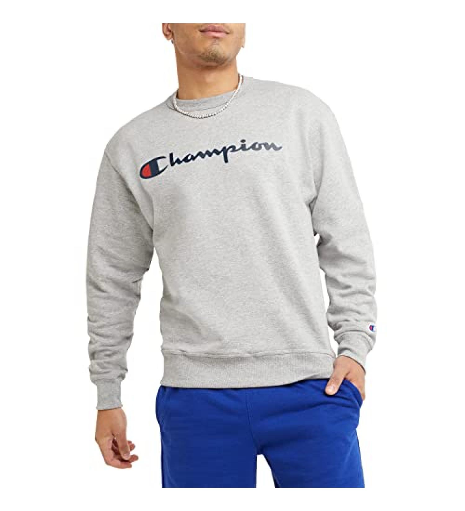 Champion Men's Powerblend Fleece Crew Sweatshirt - Crewneck, Oxford Gray Script - Buy Online on SooperMarket.com