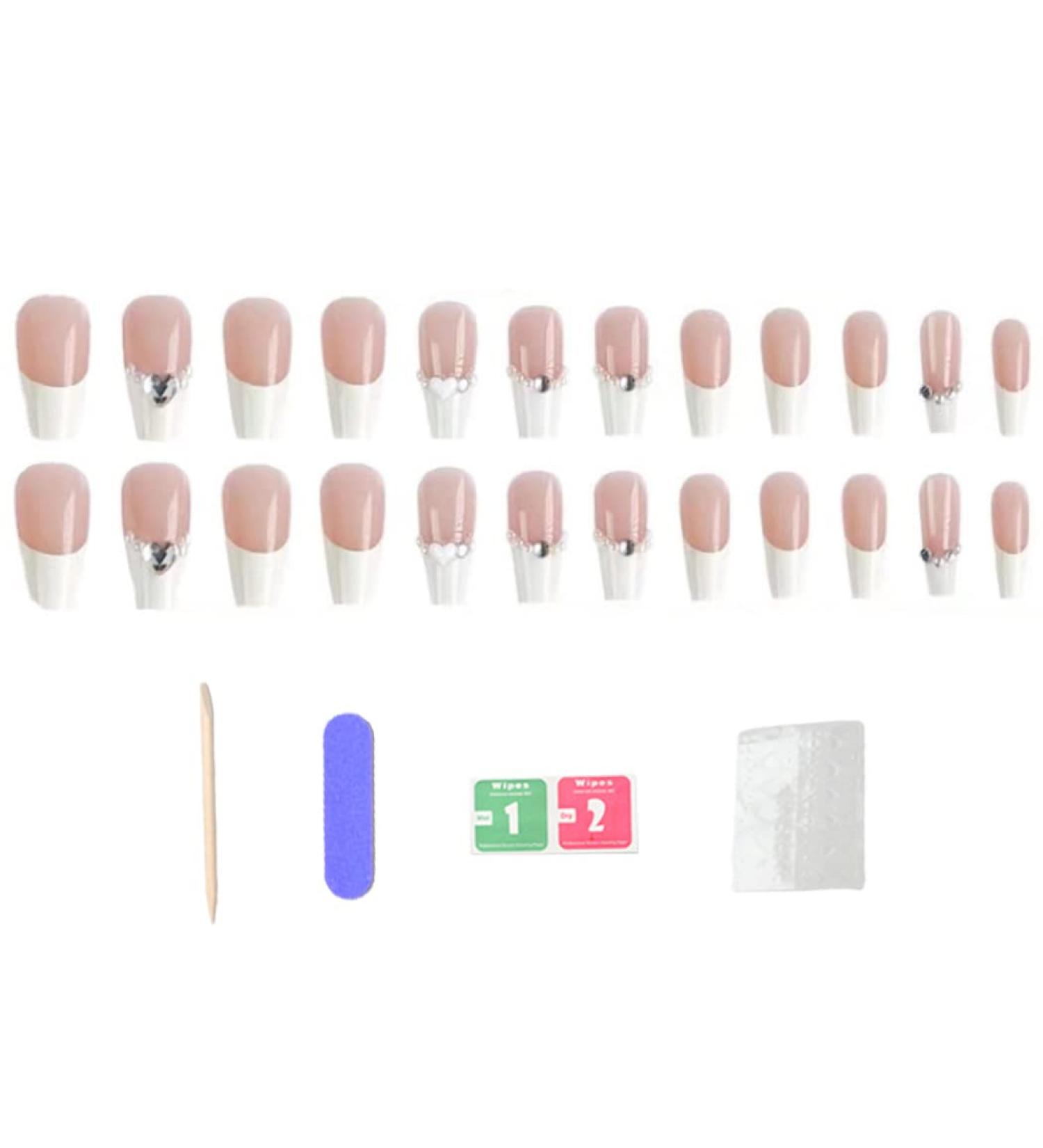 French Tip Press on Nail Long White Rhinestones Stick on Nail False Fake Nails Fake Nail with Glue for Women Girl Nail Art - Buy Online on SooperMarket.com