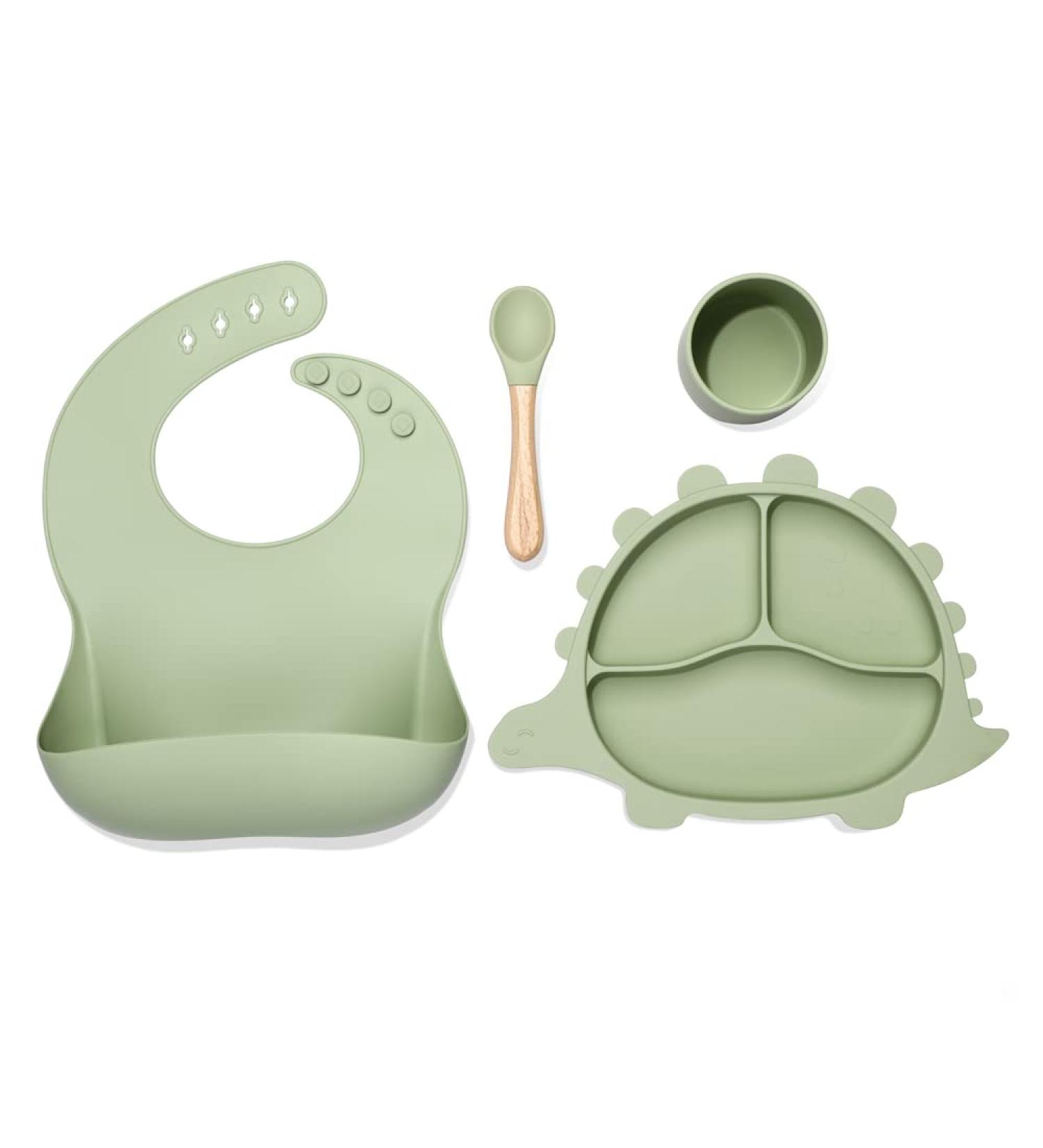 Silicone Baby Feeding Set - Dinosaur Shape Bib & Plate | Baby Suction Dishes - Green (SB008) - Buy Online on SooperMarket.com