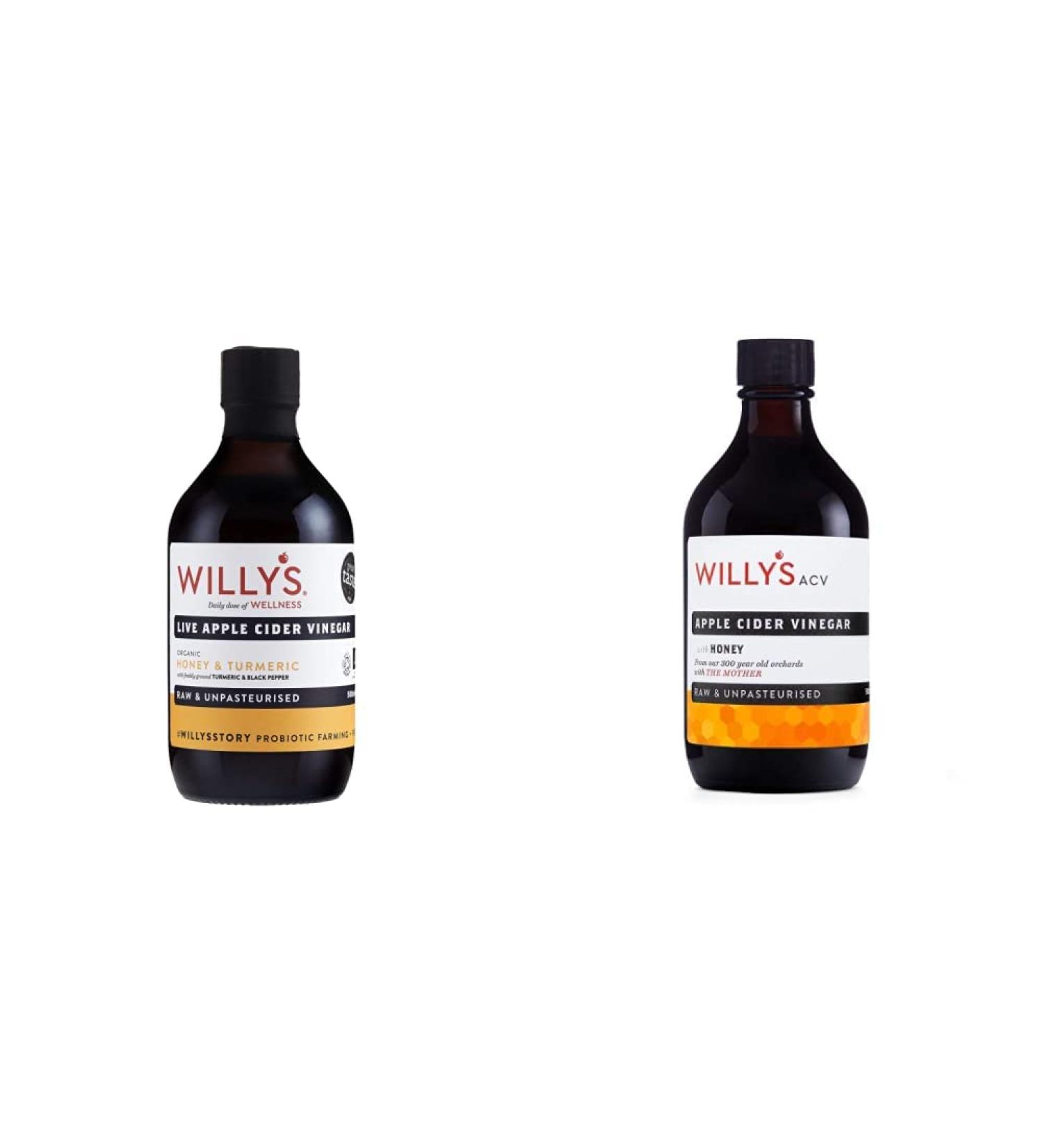 Willy's ACV Organic Live Probiotic Apple Cider Vinegar Honey & Black Pepper (1 x 500ml) white & WILLY'S Raw Apple Cider Vinegar with Real Live Mother & Honey Glass Bottle 500 ml - Buy Online on SooperMarket.com