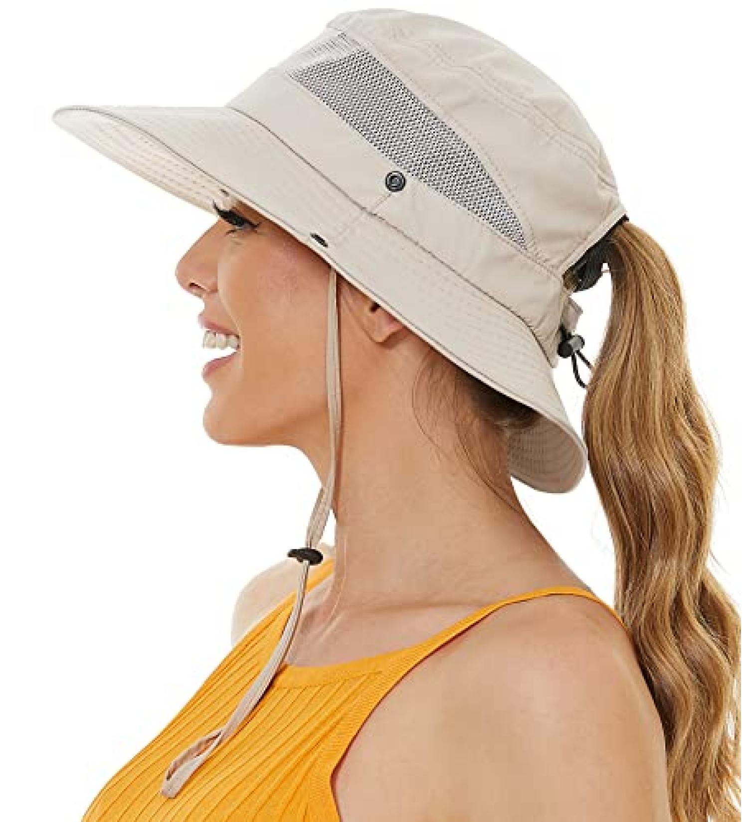 Women's UPF50+ Sun Hat with Ponytail Hole - Waterproof Beach Bucket Hat in Beige - Buy Online on SooperMarket.com