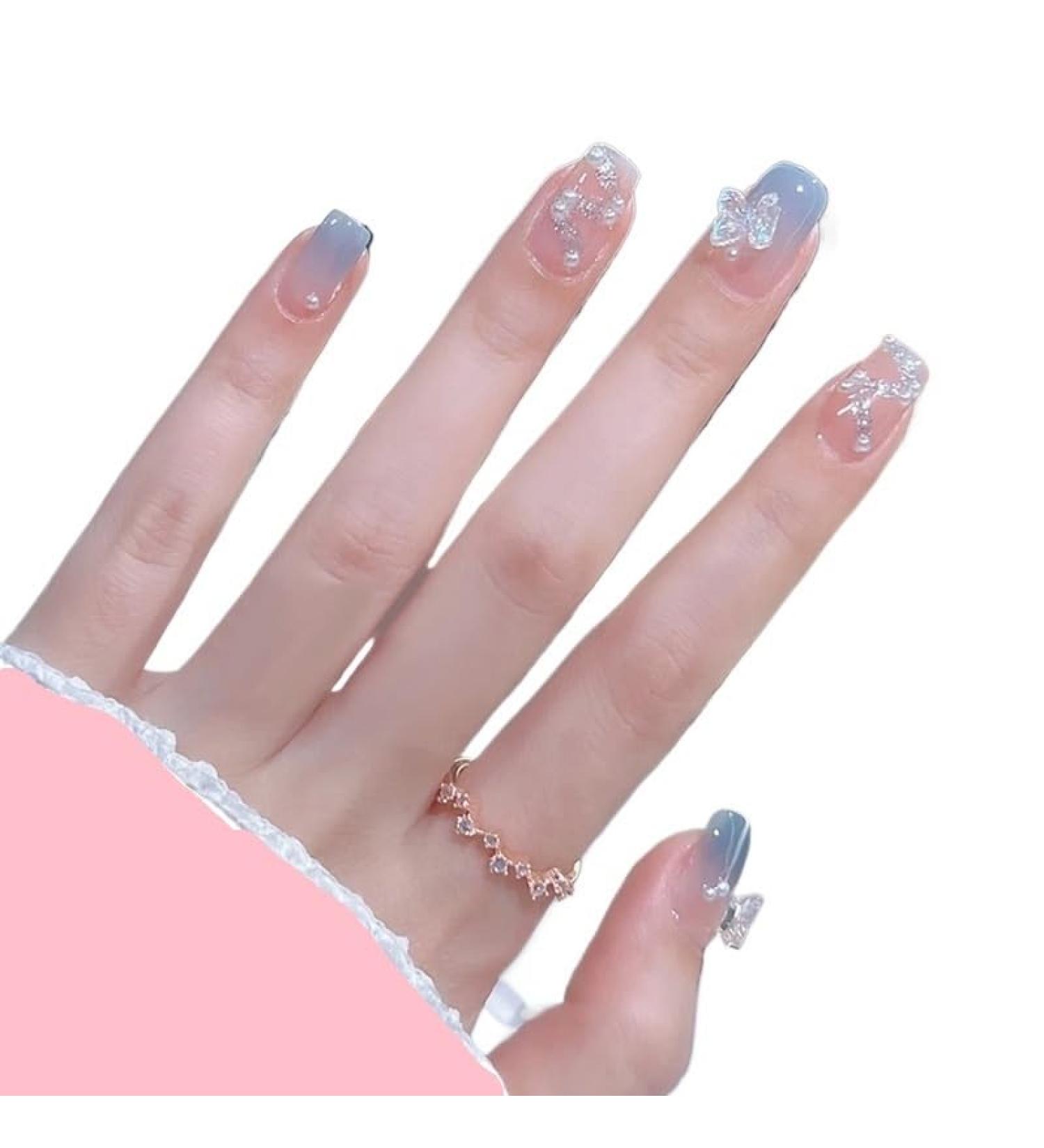 Wearing short and medium-sized nail enhancement with white milk blue butterfly nail patches detachable fake nail patches 1 count (Pack of 1) - Buy Online on SooperMarket.com