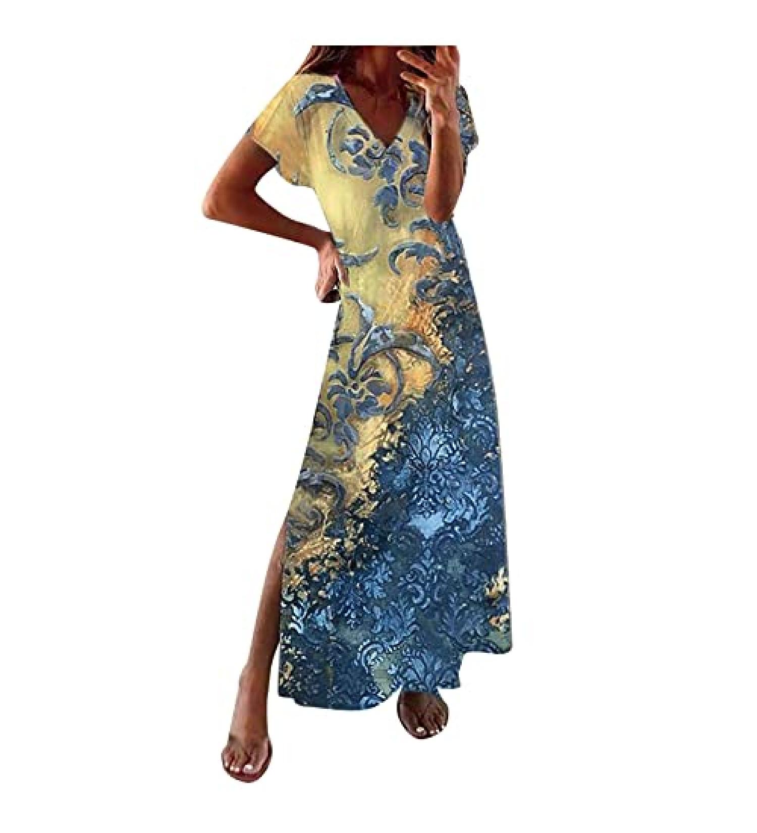 Women's Floral Maxi Dress - Blue Small, V Neck, Side Split, Short Sleeve Lounge Dress - Buy Online on SooperMarket.com