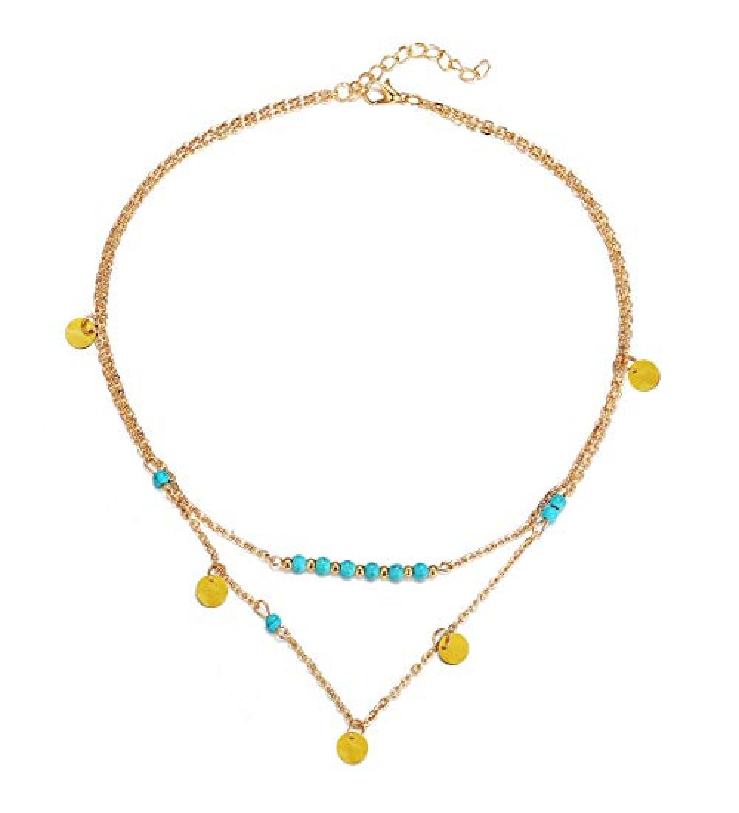 Boho Turquoise Double Pendant Necklace - Handmade Gold Necklace for Girls and Ladies (Style 1) - Buy Online on SooperMarket.com