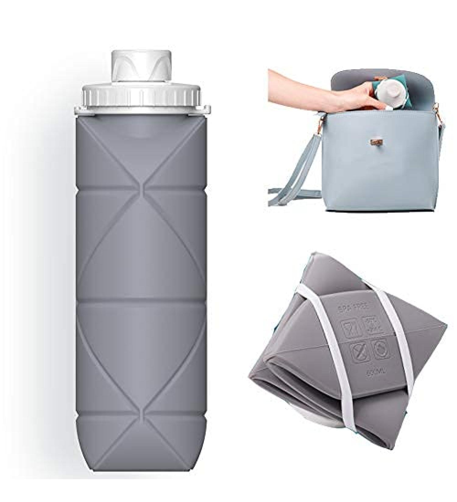 SPECIAL MADE Collapsible Water Bottle - Leakproof Valve, Reusable BPA Free Silicone, Foldable for Sport Gym Camping Hiking Travel - Lightweight & Durable 20oz 600ml (Grey) - Buy Online on SooperMarket.com