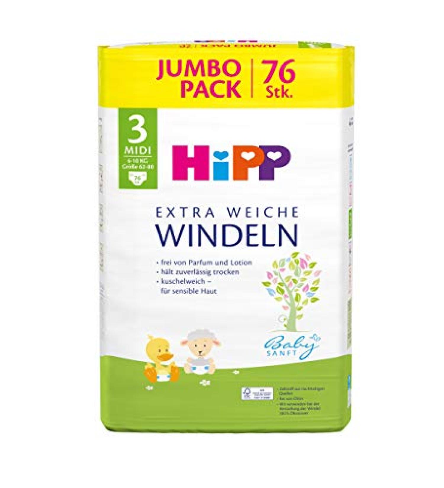 Hipp Babysanft Carry Midi 3 Diapers 6-10kg - Jumbo Pack of 3x76 Pieces | Premium Eco-Friendly Baby Care - Buy Online on SooperMarket.com