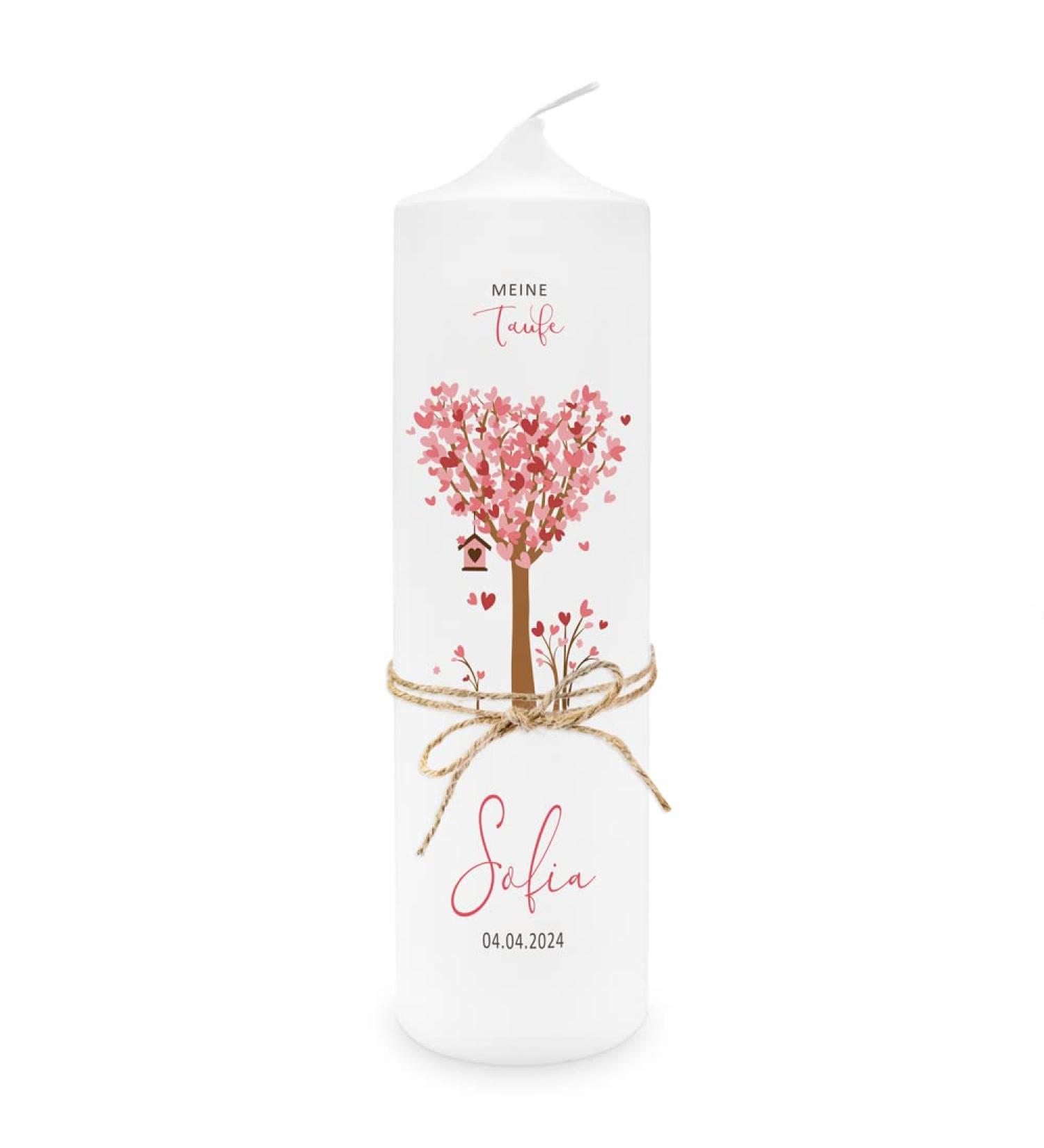 Personalized Baptism Candle for Girls | Custom Tree & Hearts Design | Pink with Name & Saying | Online Design & Jute Ribbon Decor - Buy Online on SooperMarket.com