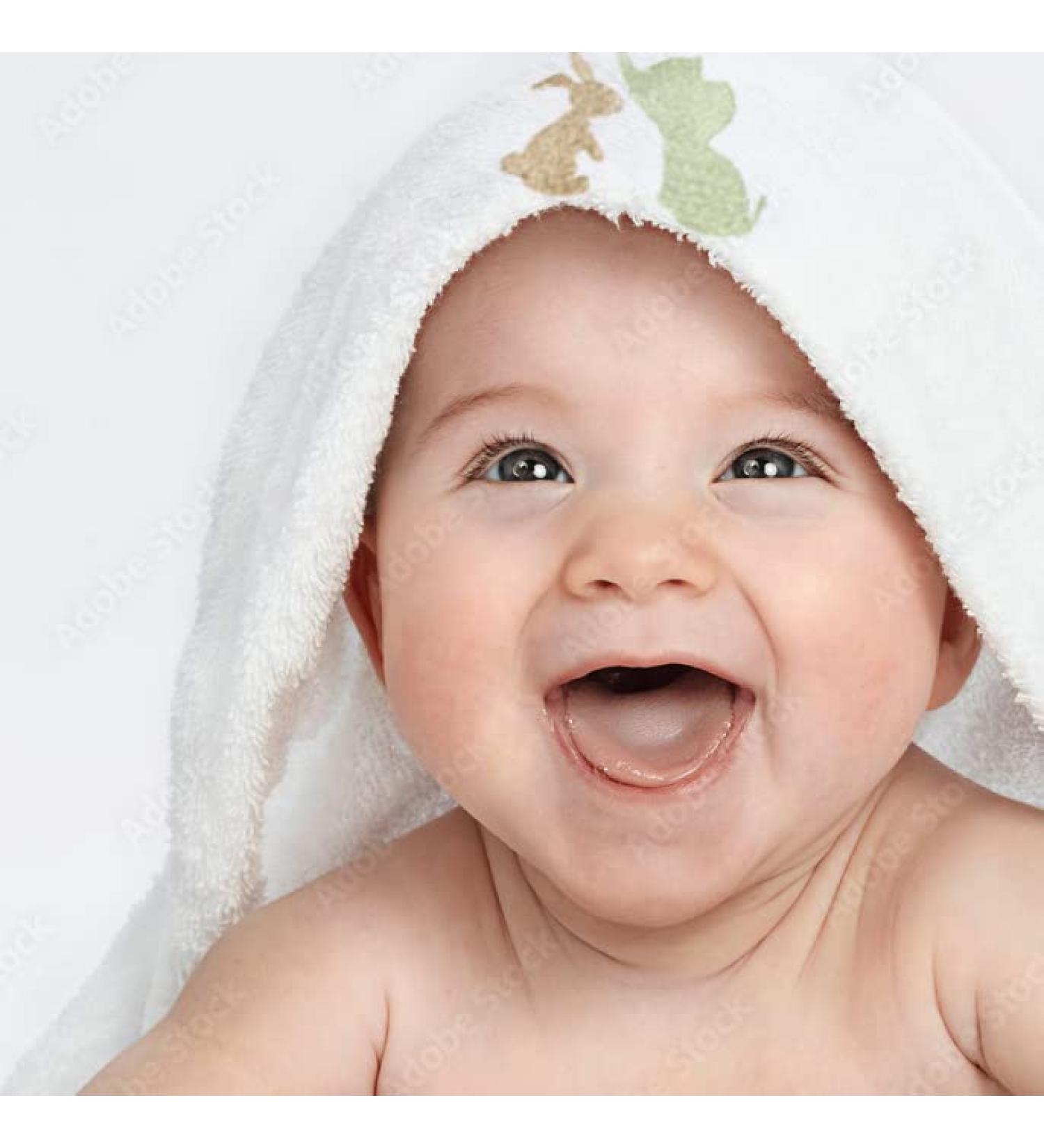 Soft White Baby Hooded Bath Towel with Elephant & Rabbit Embroidery | 100% Cotton | Perfect Baby Shower Gift | 75cm x 75cm - Buy Online on SooperMarket.com