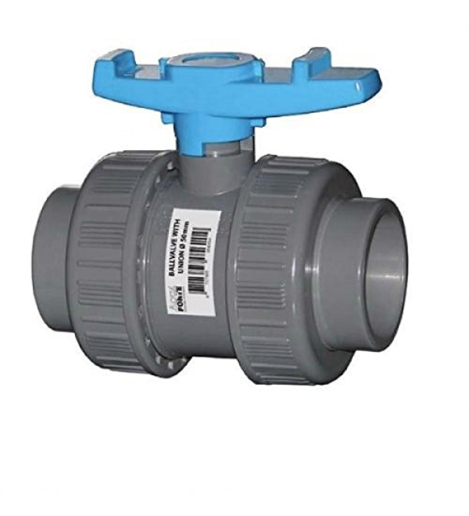 PVC ball valve 50 mm with 2 x adhesive sleeve 2 x screw connections.