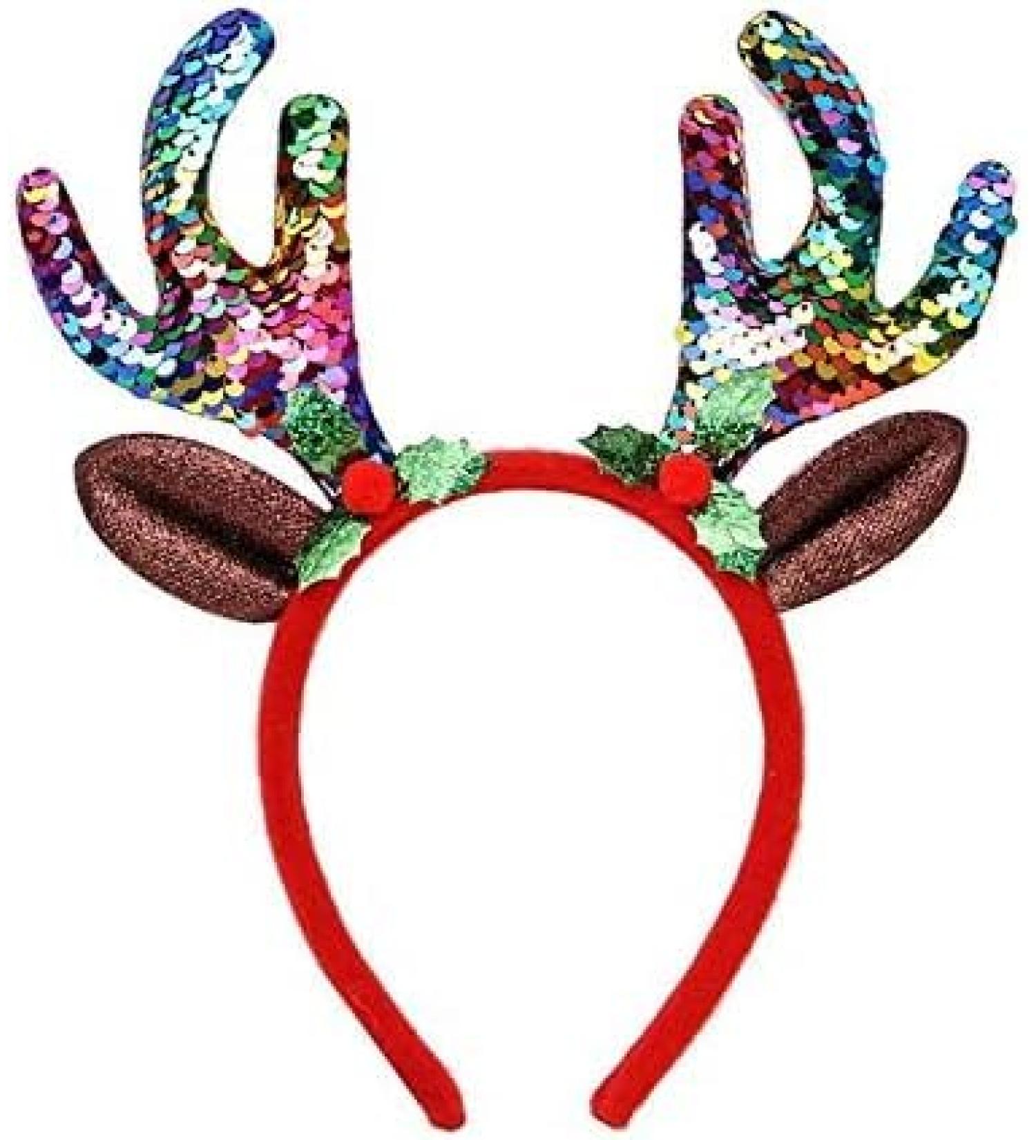 Caprilite Girls Adults Sequin Headband Reindeer Antlers Christmas Deer Ears Headbopper (Rainbow)
