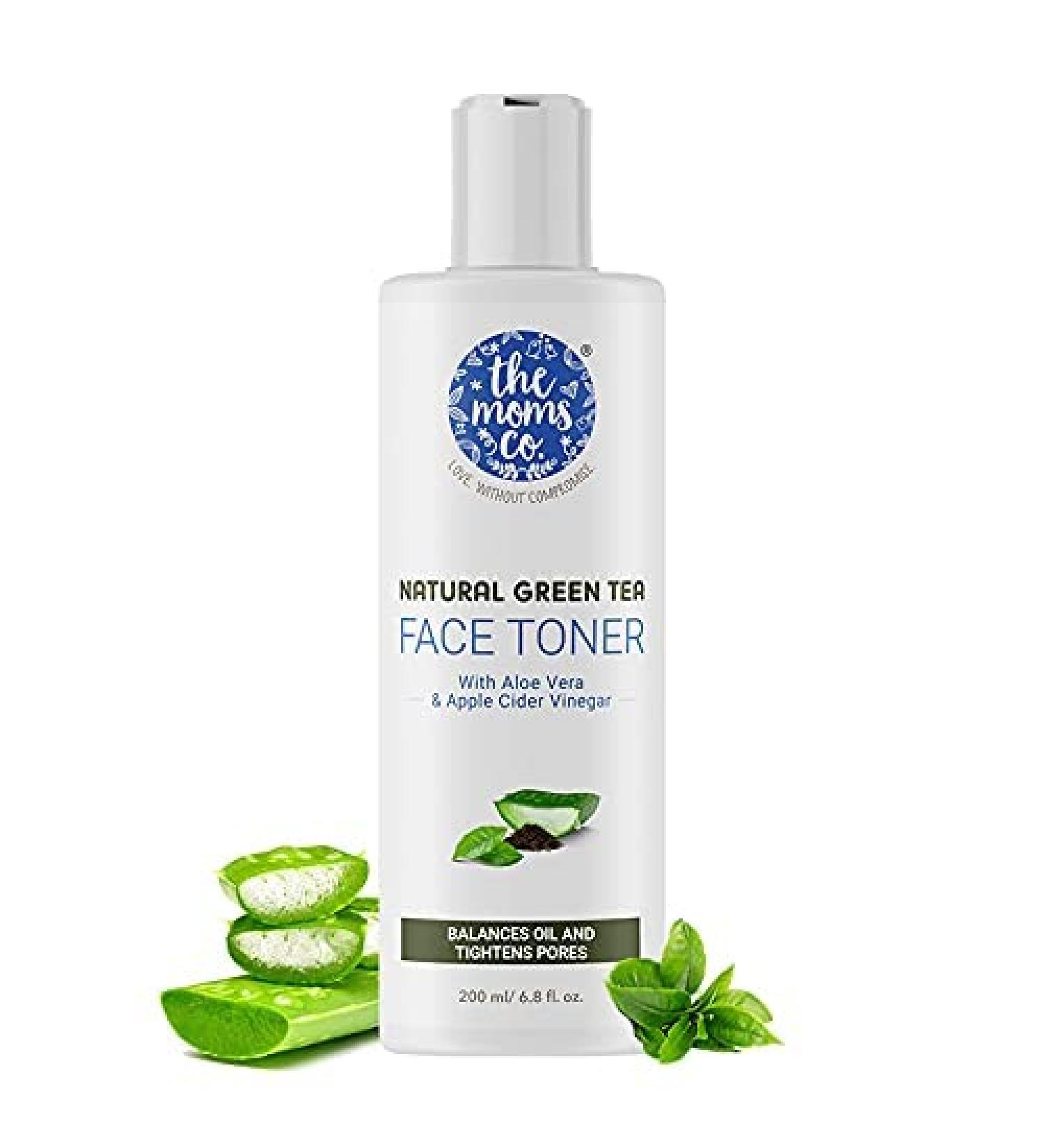 The Moms Co Natural Green Tea Face Toner l Controls Sebum l Fights Acne l Tightens Pores l Hydrates & Soothes l Aloe Vera & Cucumber (200ML) - Buy Online on SooperMarket.com
