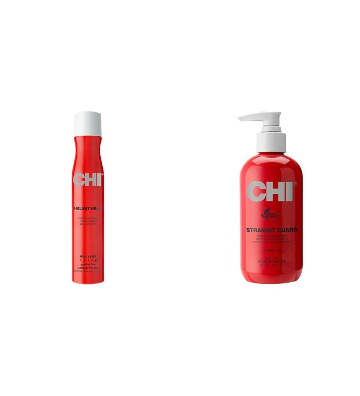 CHI Helmet Head Extra Firm Hairspray 10 oz Straight Guard Smoothing Styling Cream 8.5 oz Hair Care Bundle 10 Ounce (Pack of 1) Hairspray + Smoothing Styling Cream 8.5 FL Oz - Buy Online on SooperMarket.com