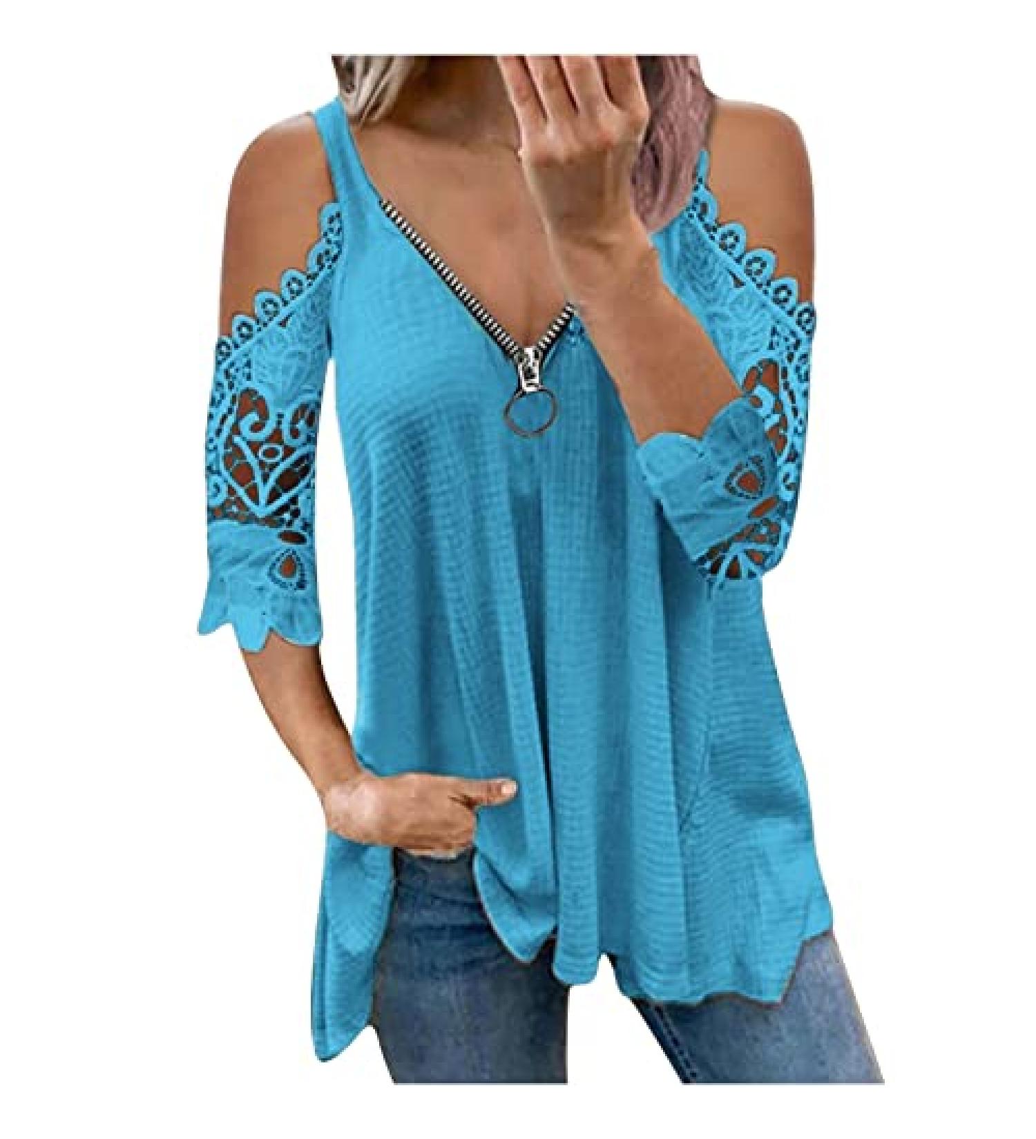 Women's Short Sleeve Lace Patchwork T-Shirt - Blue, Medium | Casual & Dressy Plus Size Top - Buy Online on SooperMarket.com