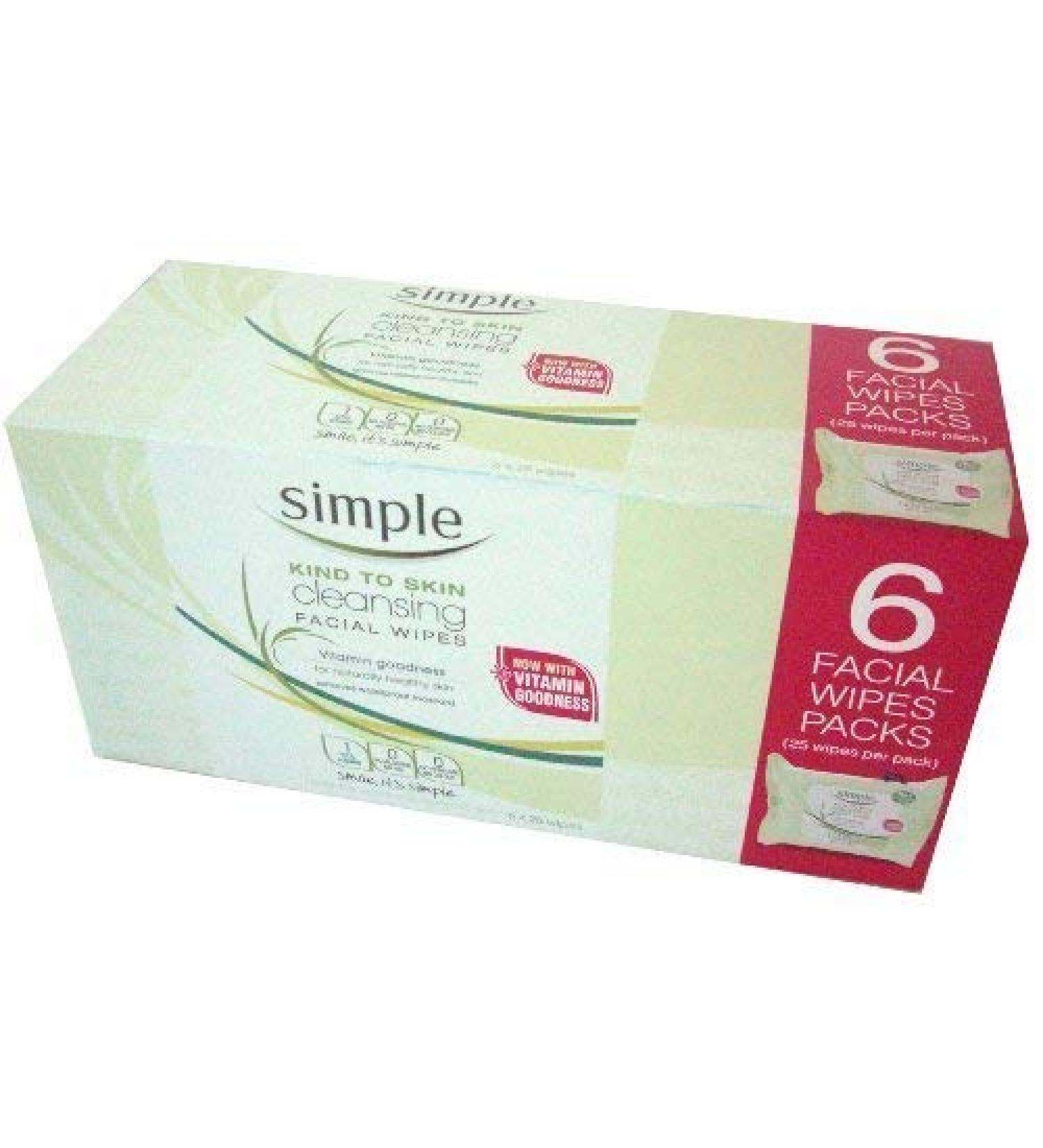 Simple Cleansing Facial Wipes (Boxed 6 packs x 25 wipes) Total 150 Wipes