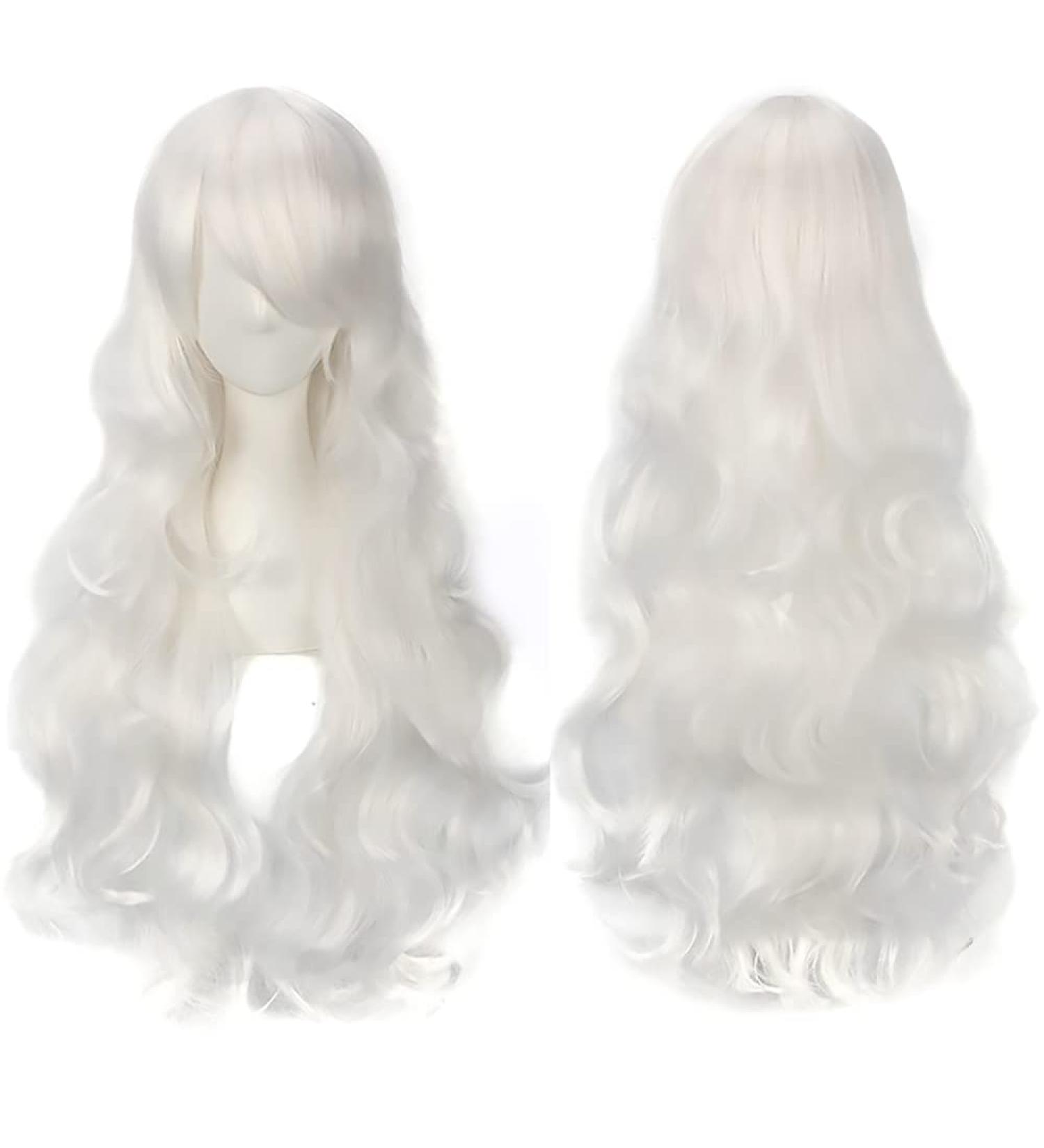 YEESHEDO 32 Long Wavy Curly Hair Cosplay Wig with Bangs - White | Heat Resistant Synthetic Wig for Women & Girls | Party Costume Anime Halloween - Buy Online on SooperMarket.com