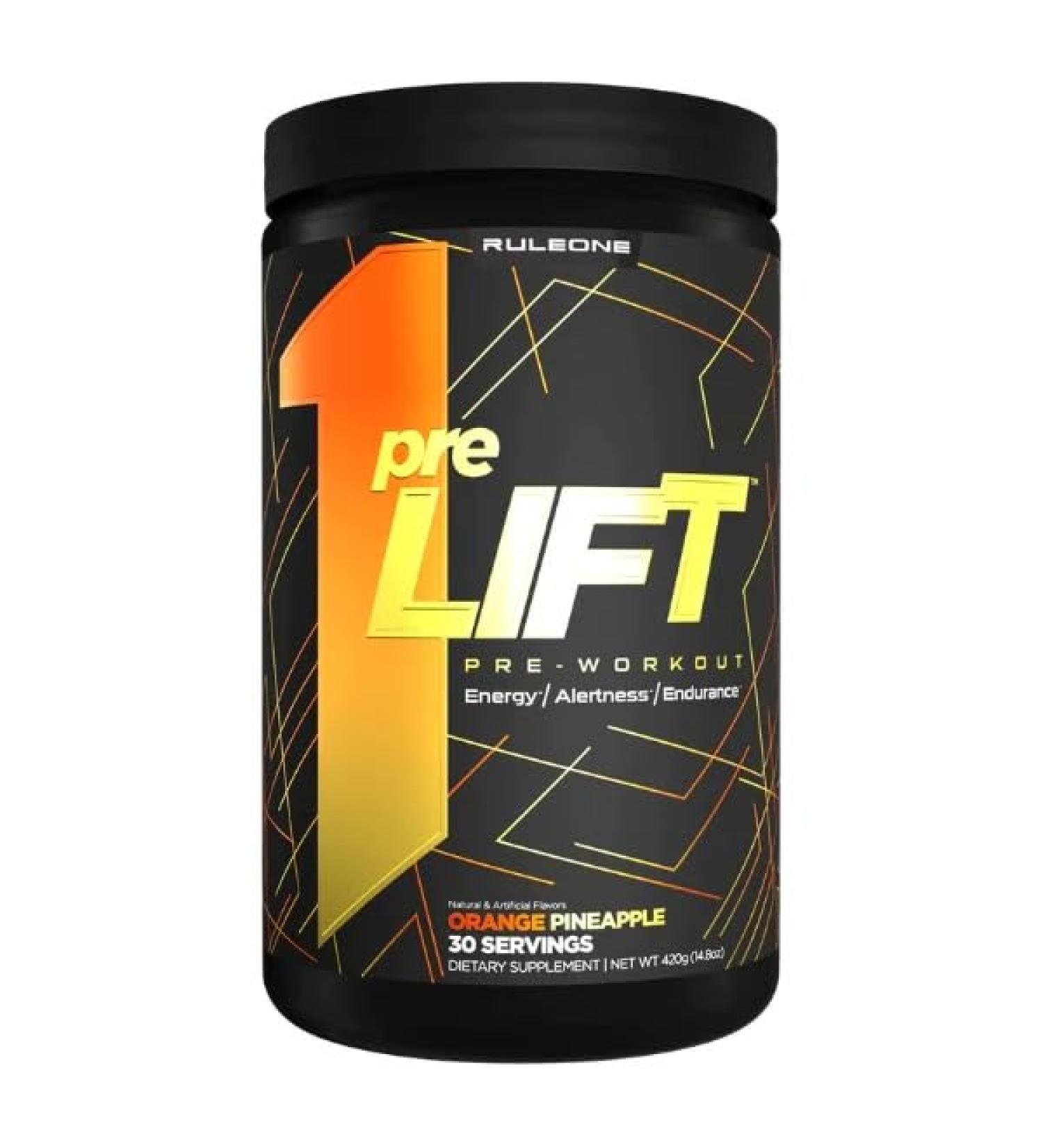Rule 1 Pre Lift Pre-Workout Powder | Caffeine Beta-Alanine L-Citrulline Alpha GPC | Nitric Oxide Support Energy Alertness & Endurance | Sugar Free | 450G 30 Servings (Orange Pineapple)