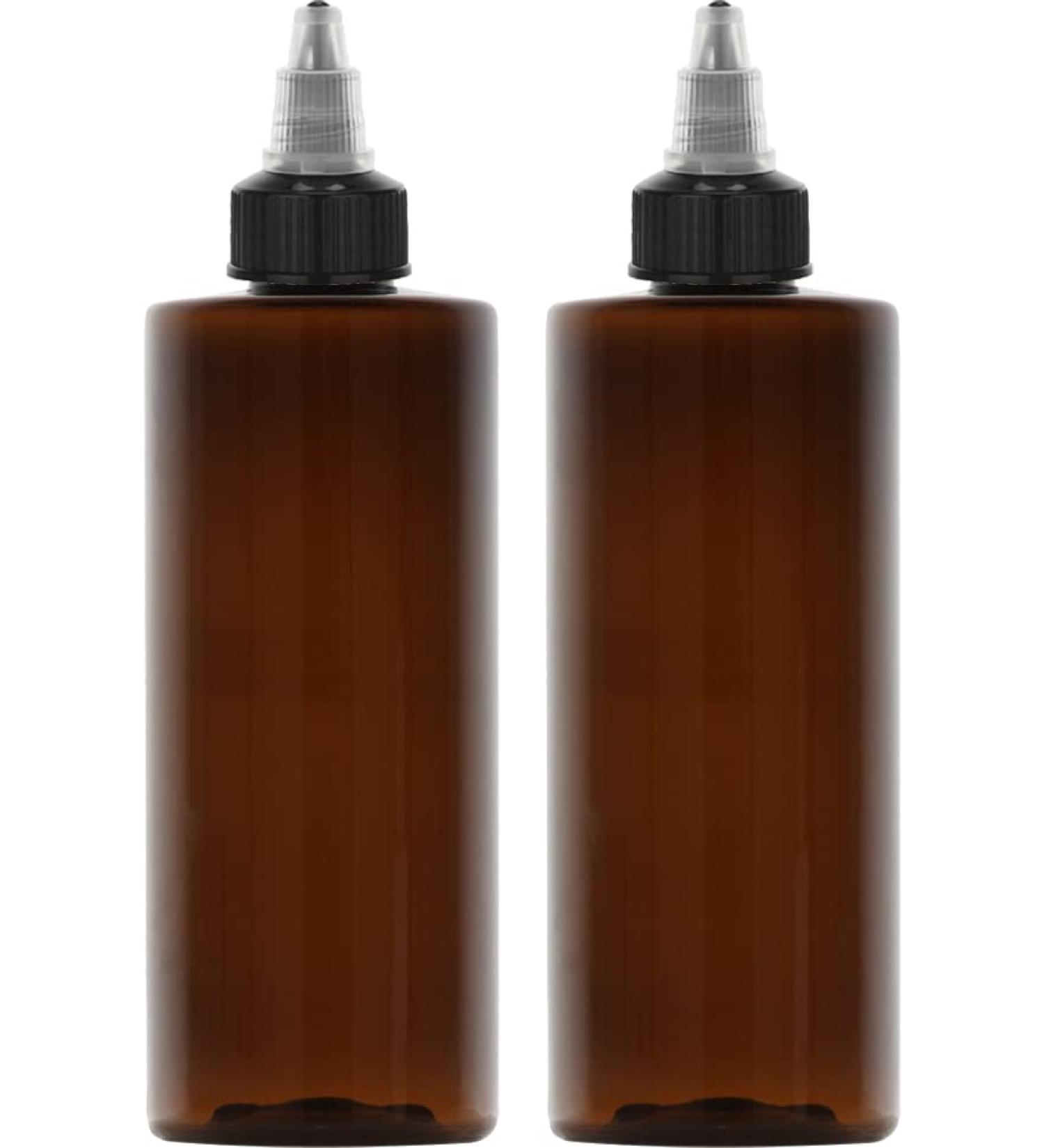 BRIGHTFROM Twist Top 8 oz Applicator Bottles - 2 Pack Amber | BPA-Free PET Plastic, Refillable Squeeze Bottles with Black Nozzle for Multi-Purpose Use - Buy Online on SooperMarket.com