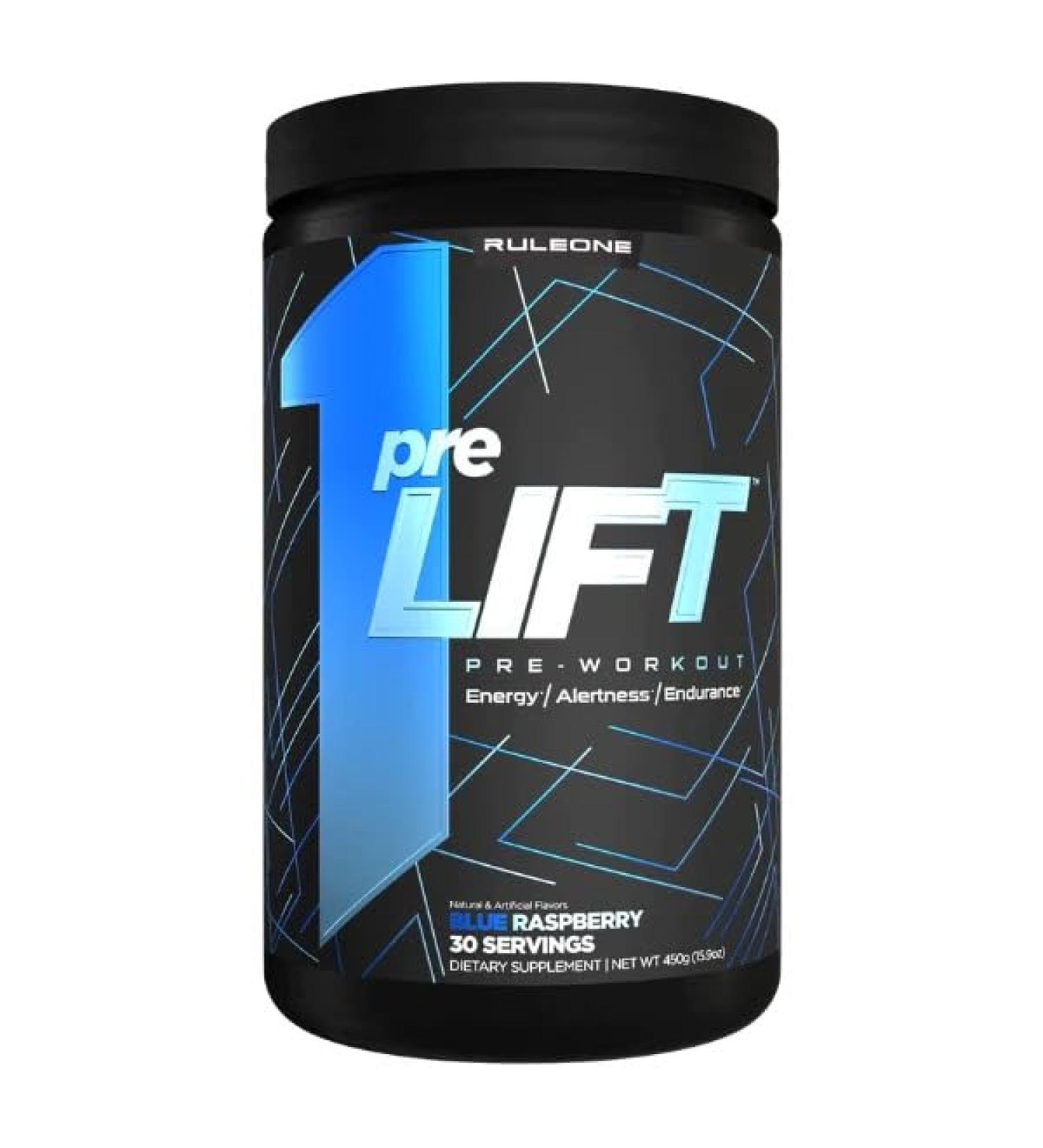 Rule 1 Pre Lift Pre-Workout Powder | Caffeine Beta-Alanine L-Citrulline Alpha GPC | Nitric Oxide Support Energy Alertness & Endurance | Sugar Free | 450G 30 Servings (Blue Raspberry)