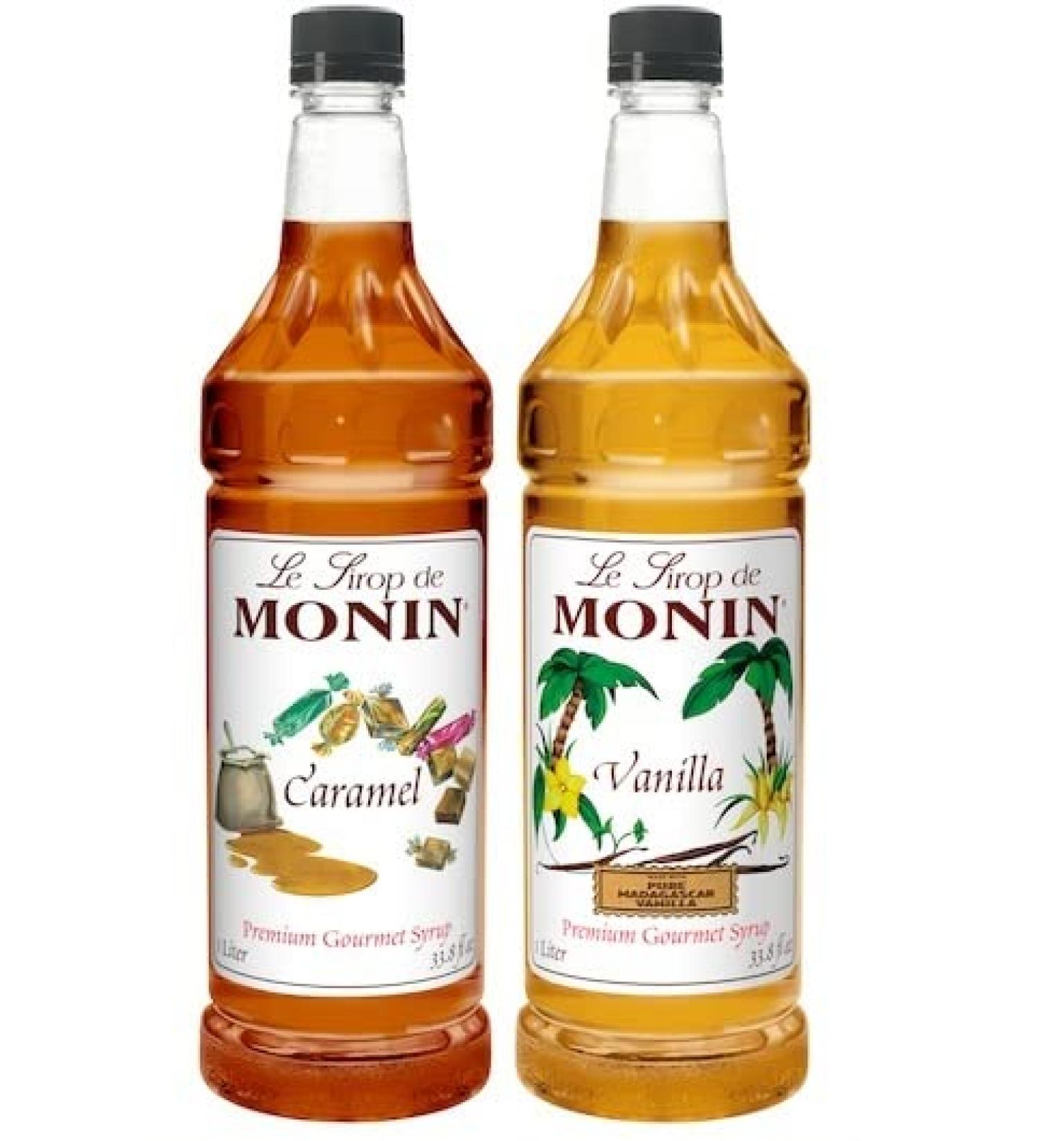 Monin Premium Caramel and Vanilla Syrup 33.8 oz (Pack of 2) + Stirrer - Shop Now! - Buy Online on SooperMarket.com