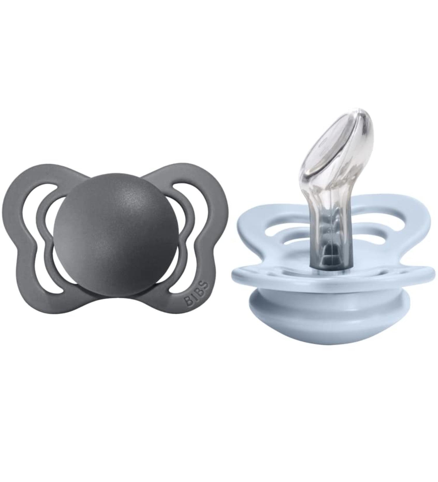 BIBS Couture Collection Pacifiers - Set of 2 Iron/Baby Blue | BPA-Free | Made in Denmark | Size 0-6 Months - Buy Online on SooperMarket.com
