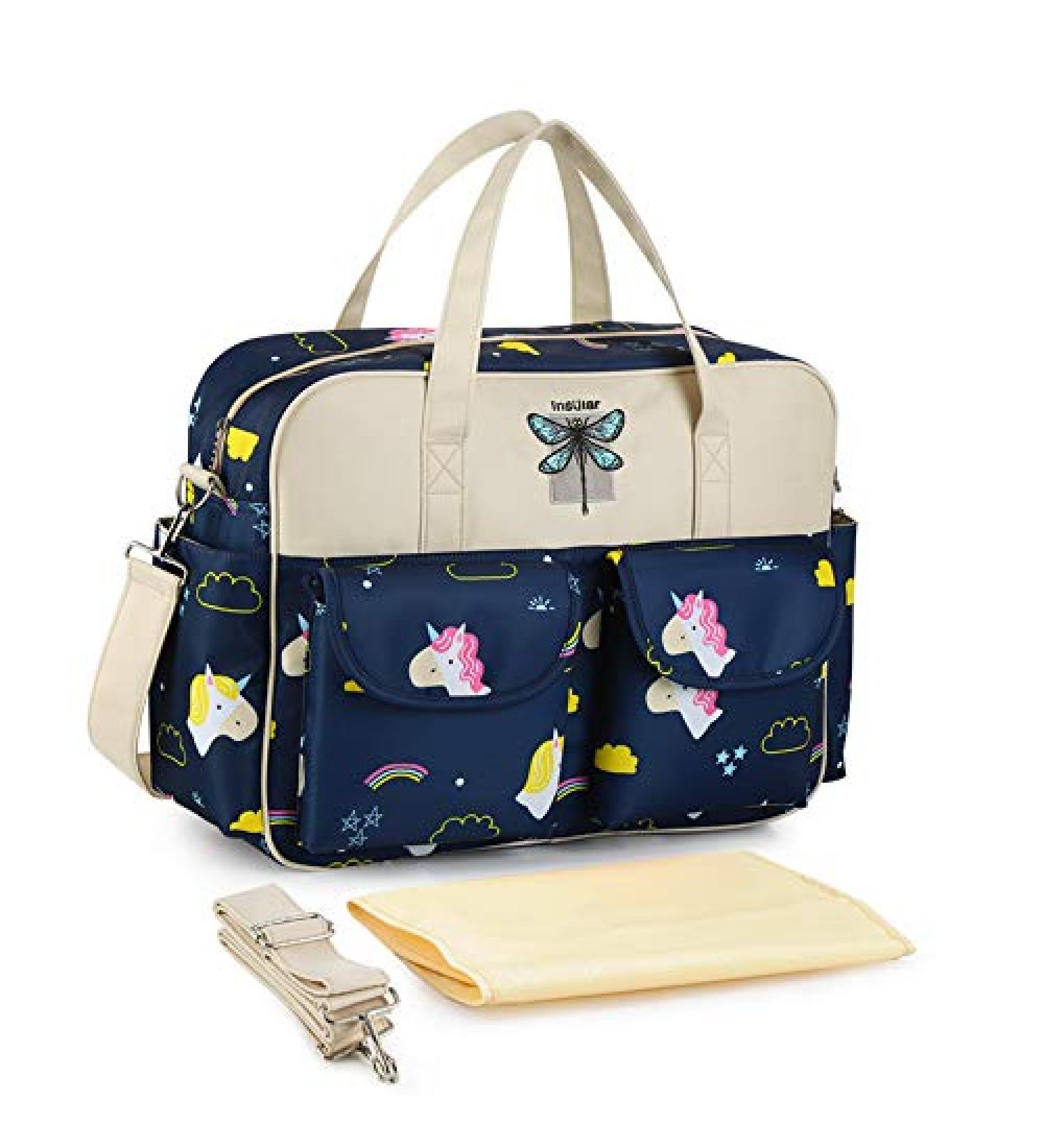 Insular Waterproof Diaper Bag - Navy Unicorn Print | Multifunctional Mummy Shoulder Bag with Changing Mat | Lightweight Tote Style for Chic Moms - Buy Online on SooperMarket.com
