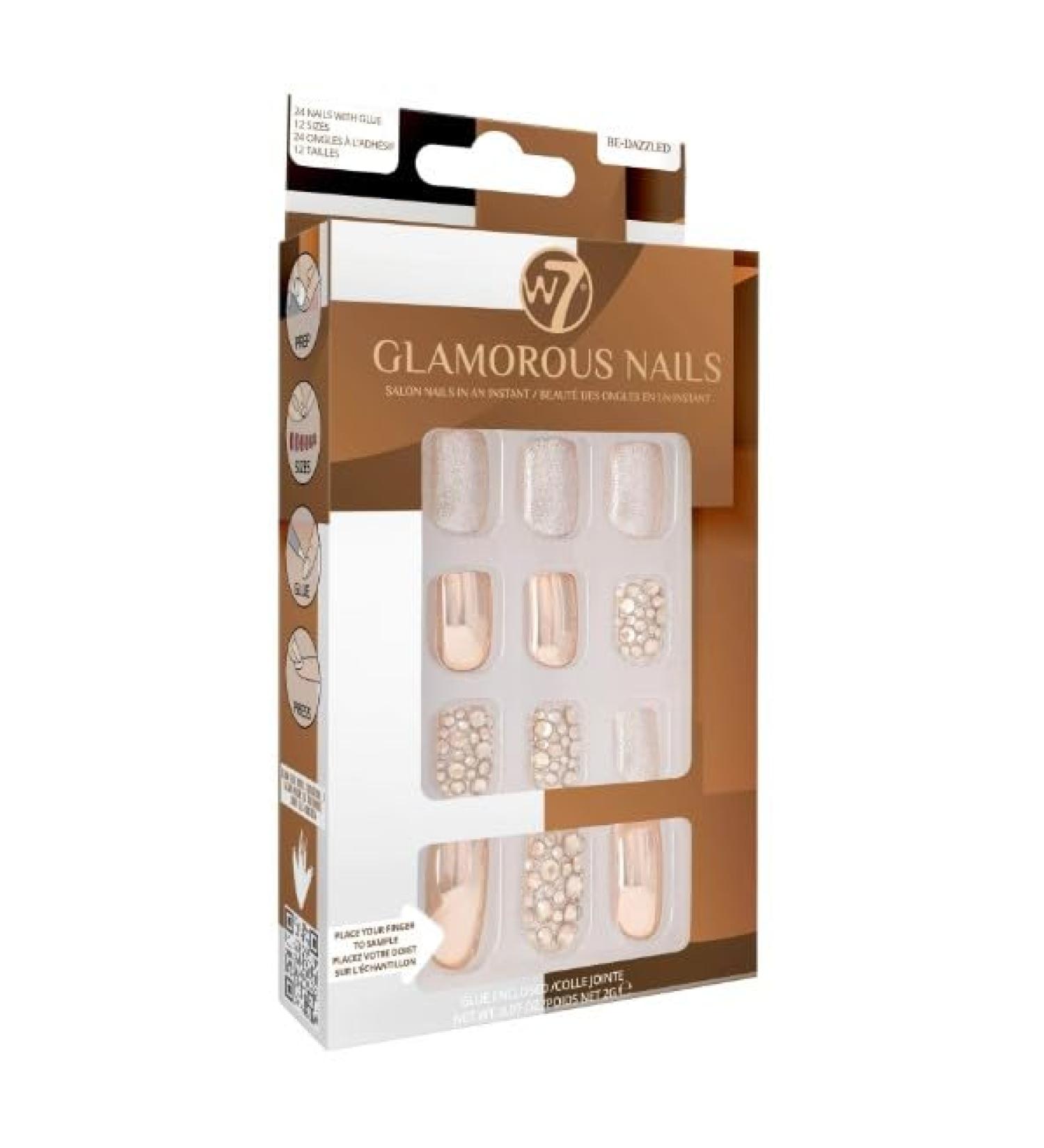 W7 Glamorous Nails - Salon Professional False Nails At Home - Glue Adhesive Included - Square Oval Shape - (Be-Dazzled) - Buy Online on SooperMarket.com