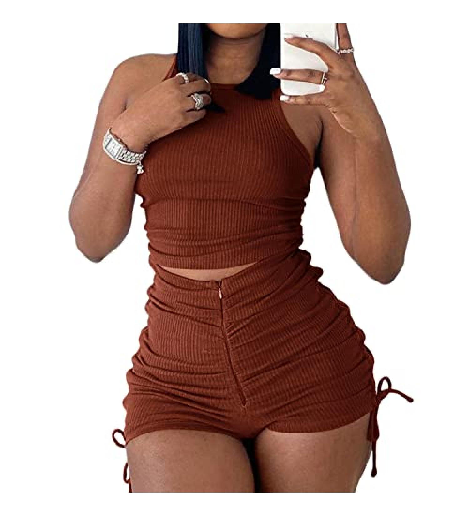 Summer Ribbed Tank Crop Top & Ruched Shorts Set - Brown | Large - Buy Online on SooperMarket.com
