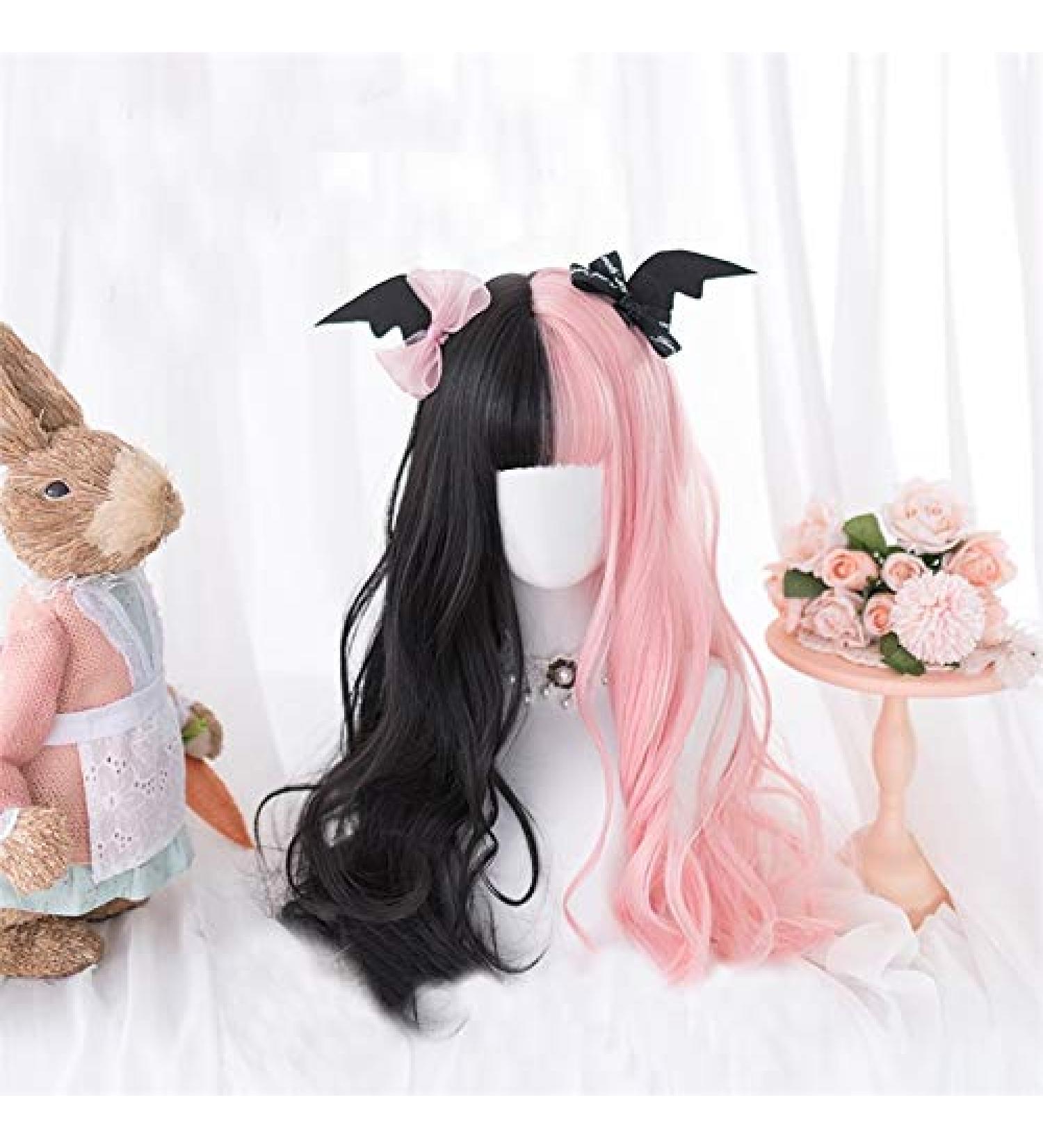 Lolita Wig 60CM Long Wavy Black Pink Ombre - Cute Heat Resistant Synthetic Hair + Wig Cap - Buy Online on SooperMarket.com