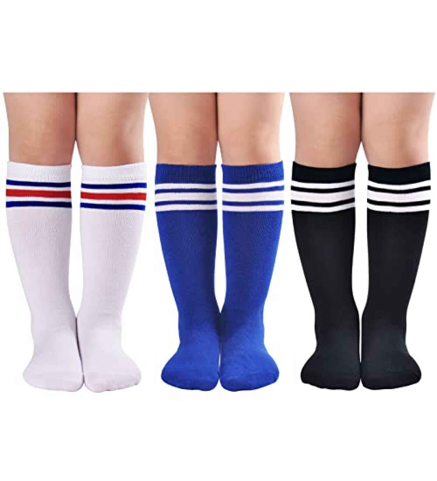 LO SHOKIM Toddler Knee High Soccer Socks - Kids Girls Boys Striped Over the Calf Uniform Stockings 3 Pairs (Black, Blue, White & Red) - Size 5-7 Years - Buy Online on SooperMarket.com